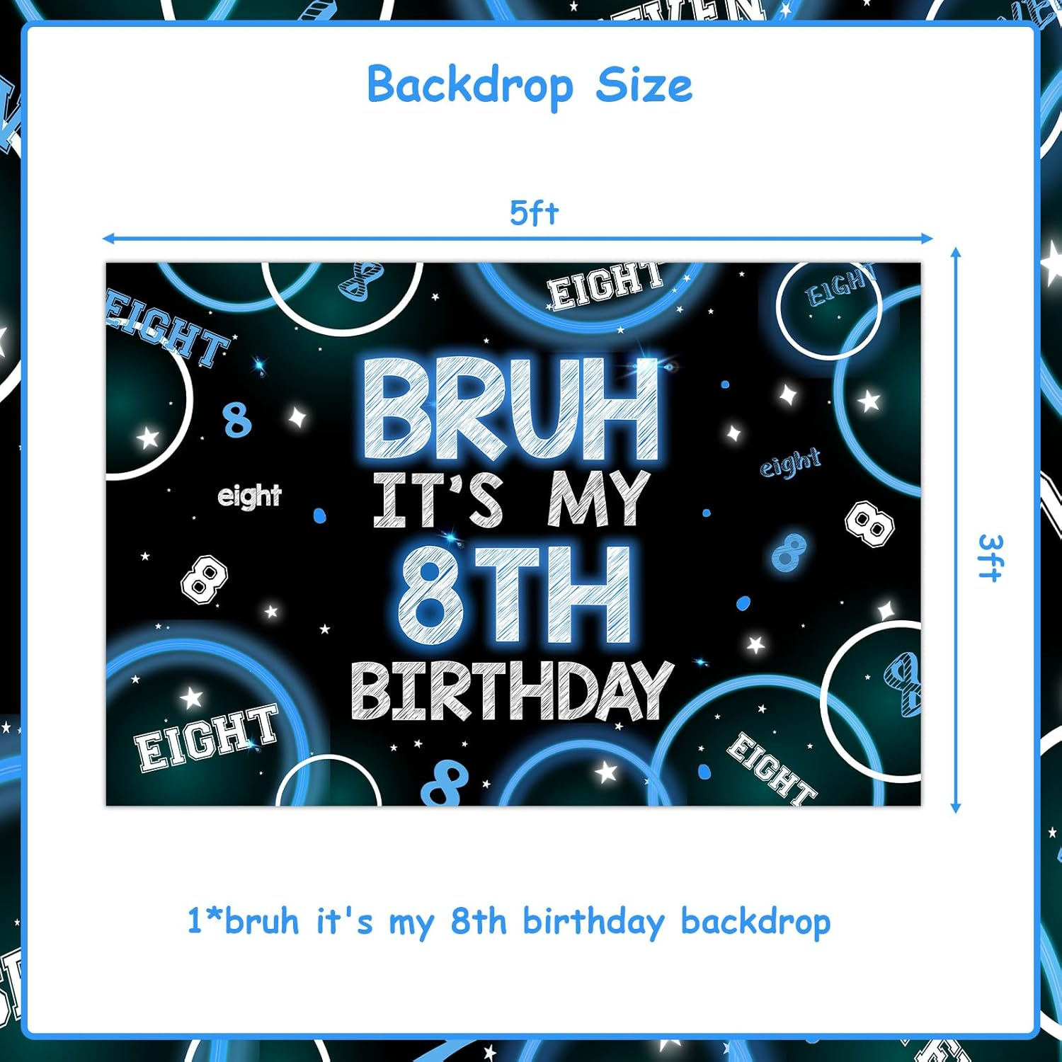 Wonmelody Bruh It&rsquo;S My 8Th Birthday Decor 4.92*3.28Ft Bruh It&rsquo;S My 8Th Birthday Backdrop Banner Blue Black 8Th Birthday Decor for Boy Happy 8Th Birthday Party Supplies Eight Years Old Photo Booth Prop image number 1