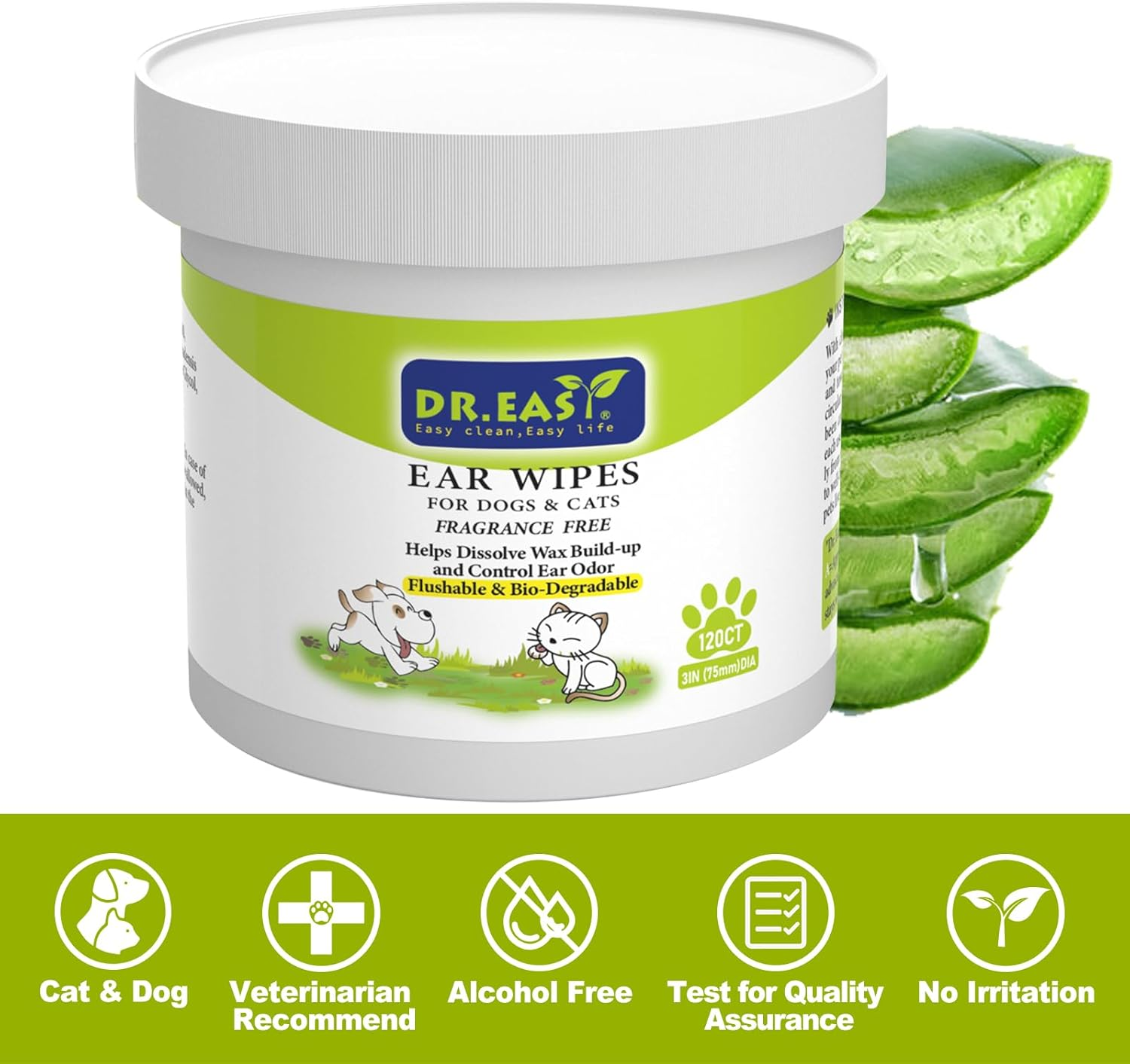 Dr.Easy 120Ct Pet Ear Grooming Wipes for Dogs &Cats Fragrance Free，Helps Dissolve Wax Build-Up and Control Ear Odorflushable & Compostable，Stop Ear Itching Natural Cleansing (Pack of 1) image number 4