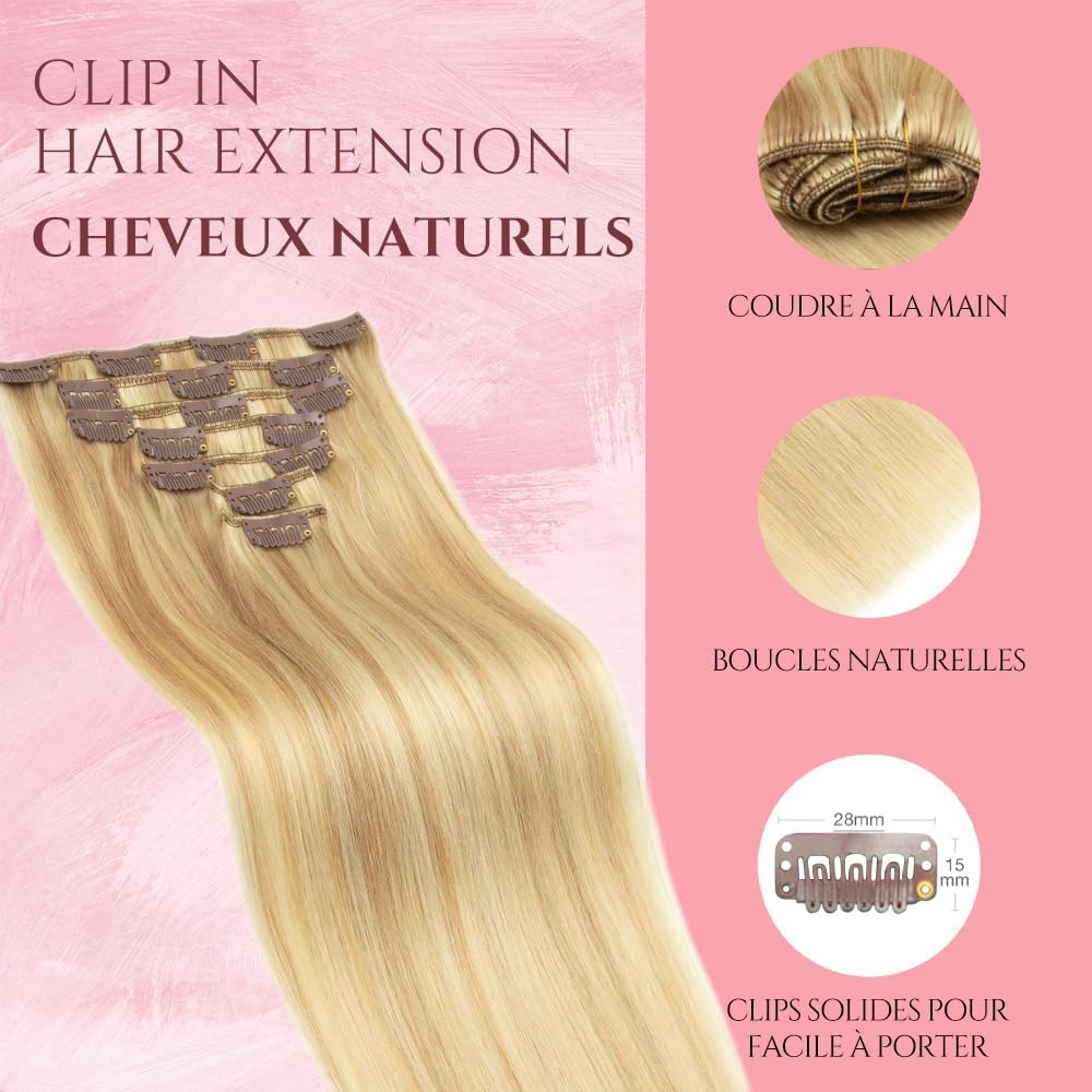 Clip-In Hair Extensions, Real Hair, Balayage, Honey Blonde to Blonde, Clip in Hair Extensions, 100G, 100% Remy Human Hair for Women, Straight, 8 Pieces with 18 Clips, Double Weft, 20 Inch image number 7