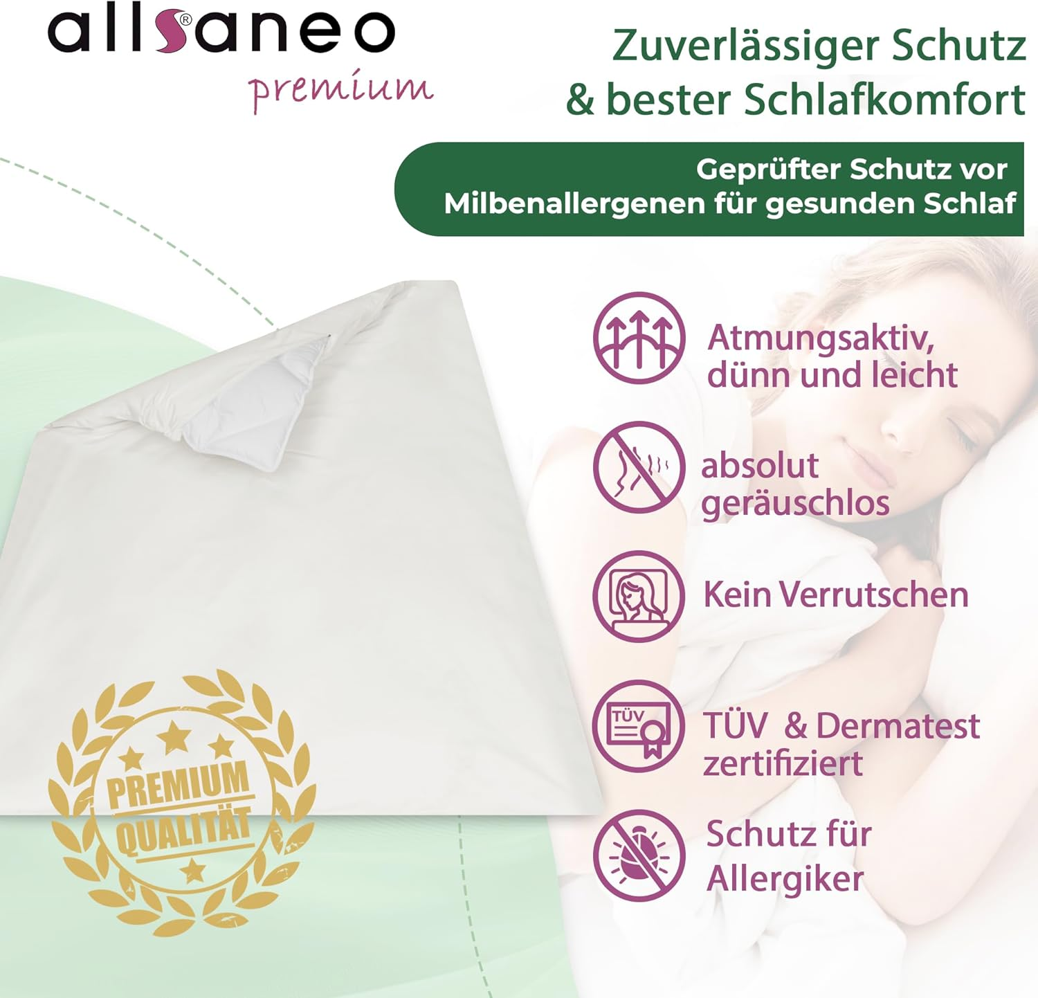 Allsaneo Premium Encasing Duvet Cover 140 X 200 Cm, Allergy Sufferers Bed Linen, Extra Soft and Light, Anti-Dust Mite Intermediate Cover for the Duvet image number 2
