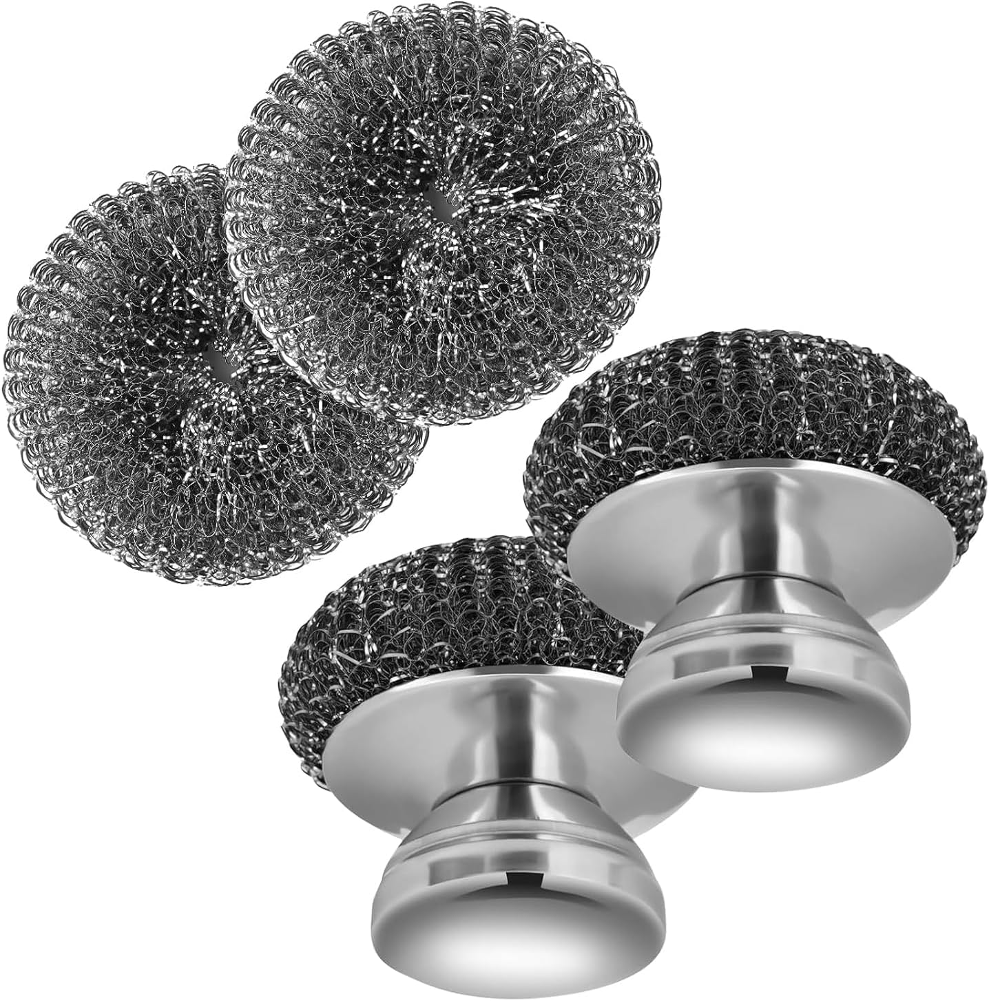 2Pack Stainless Steel Scrubber with 2 Replacement Wire Pads, Steel Wool Scrubber with Stainless Steel Handle, for Cleaning Dishes, Cast Iron, Stock Pots, Pans, Griddles, Grills