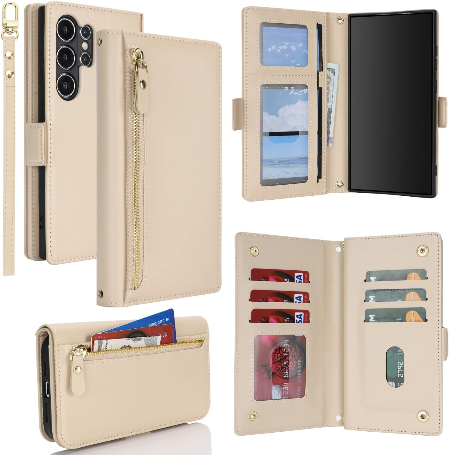 Sunyoo for Iphone 15 Case Leather Wallet with Card Holders Money Slots Wrist Strap for Women Men RFID Blocking Purse for Iphone15 Zipper Coin Pocket Cover Kickstand Folio Flip Case Purple