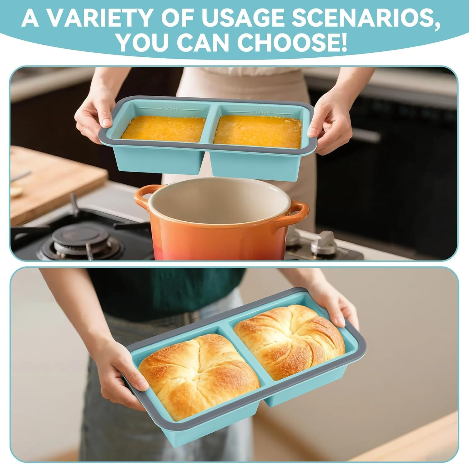 FJNATINH 2Pack Silicone Freezer Tray with Lid, 2 Cup Food-Safe Meal Prep Container for Soup/Lasagna/Casserole, Reusable Leak-Proof Freezer Mold, Oven Safe 415&deg;F (213&deg;C) & Dishwasher Safe image number 1