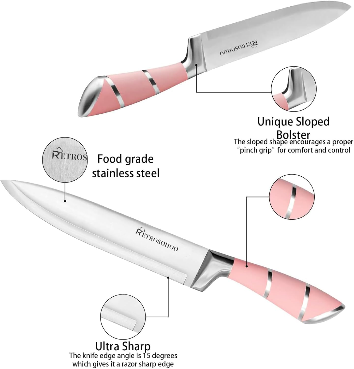 Kitchen Knife Set, 9-Pieces Pink Sharp Non-Stick Coated Chef Knives Block Set,Stainless Steel Knife Set for Kitchen with Sharpener for Cutting Slicing Dicing Chopping (Pink) - Black image number 4