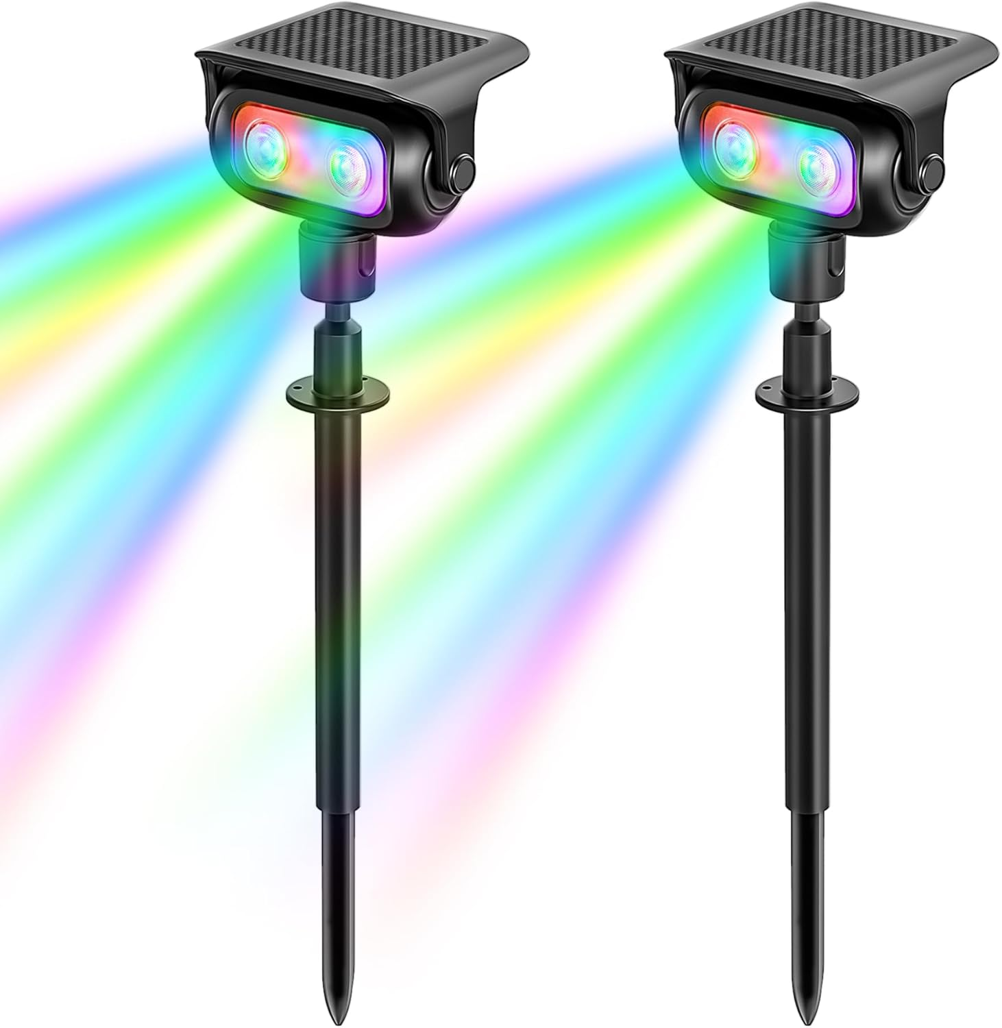 RGB LED Solar Garden Spotlights with Ground Stakes, 2 Pack, 5 Color Modes, Dusk-To-Dawn Sensor, IP65 Waterproof Outdoor Solar Lights for Yard, Lawn and Pathway Lighting image number 2