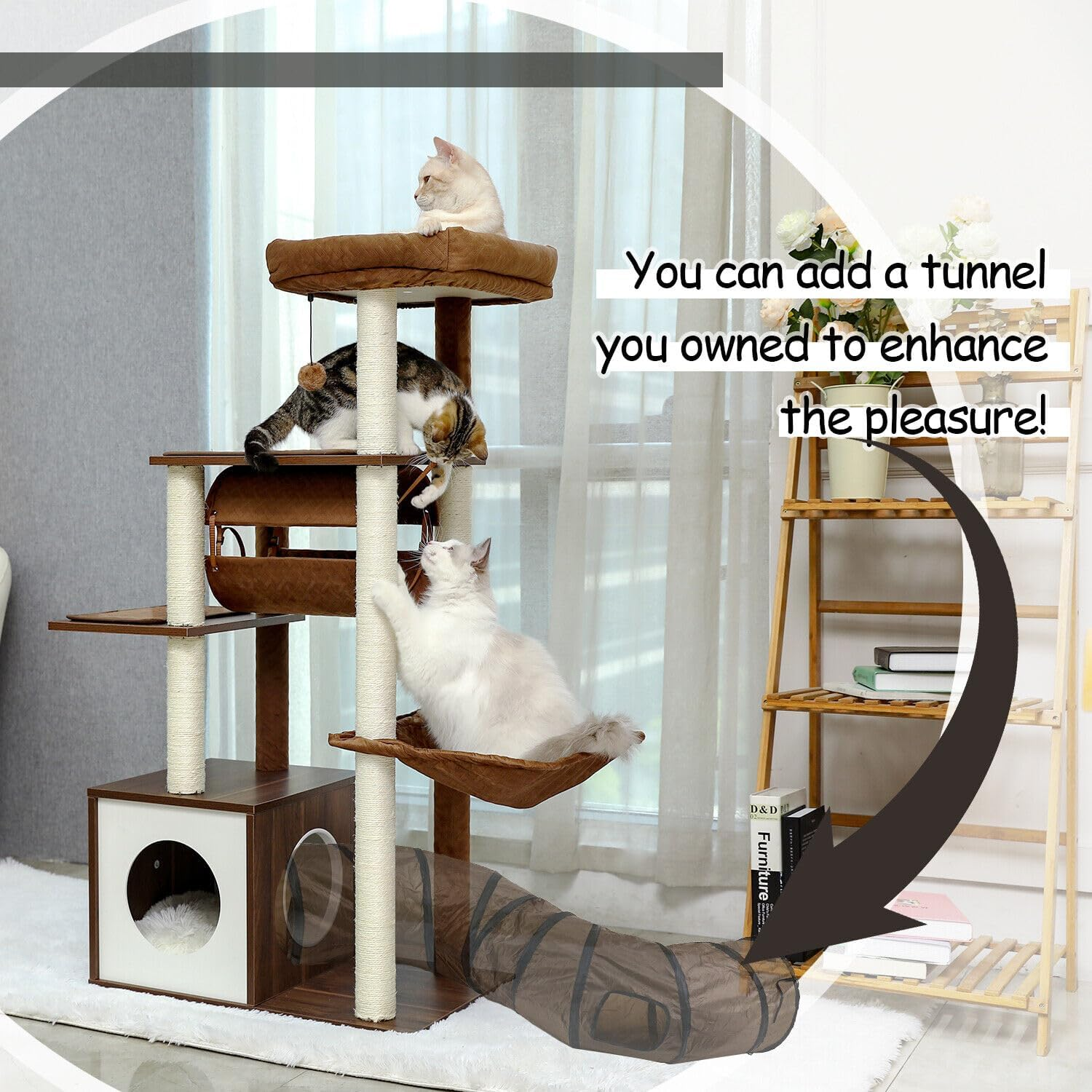 PAWZ Road Cat Tree Cat Scratching Post with a Large Hammock Play Tower, Play Tunnel Wooden Furniture Cat Stand 130Cm Brown image number 6