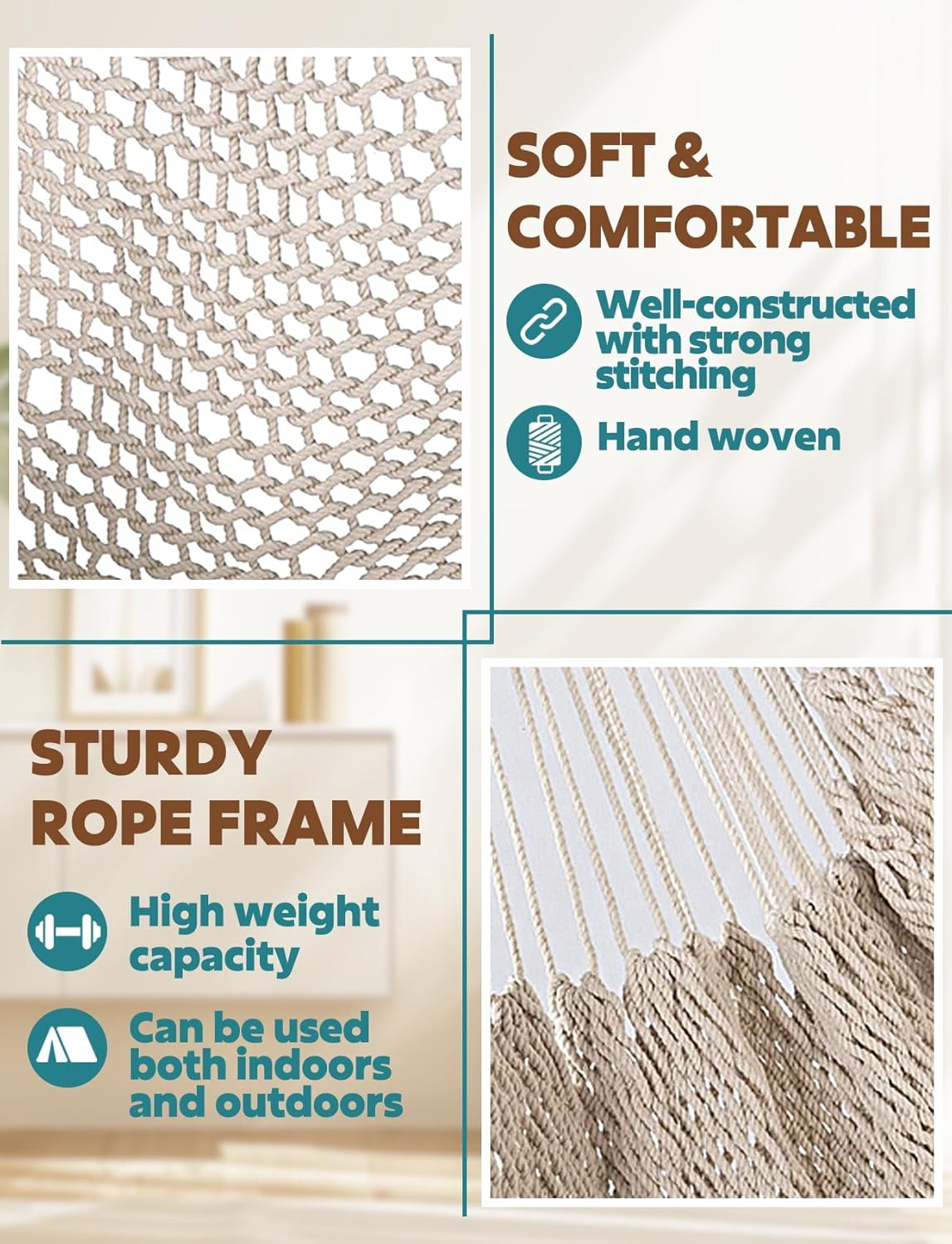 Chihee Hanging Chair Large Hammock Chair Soft Spun Cotton Rope Weave Chair Strong Metal Spreader Bar Wide Seat Lace Swing Chair Indoor Outdoor Garden Yard Theme Decoration image number 1