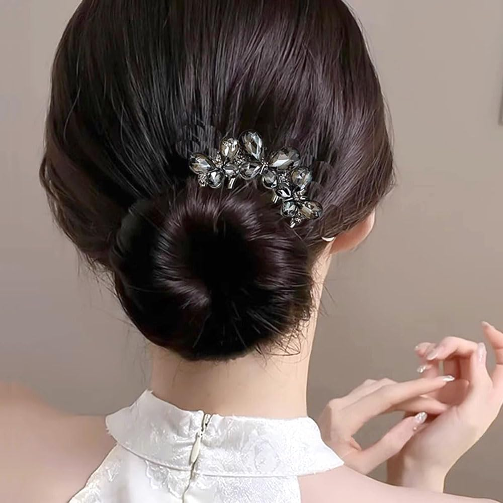 Four-Tooth Fork Crystal Butterfly Hair Comb for Inserting Champagne Black Butterflies Hair Combs Rhinestone Butterfly Hair Comb Hair Butterflies Side Comb Hair Combs for Plugging Hair Accessories