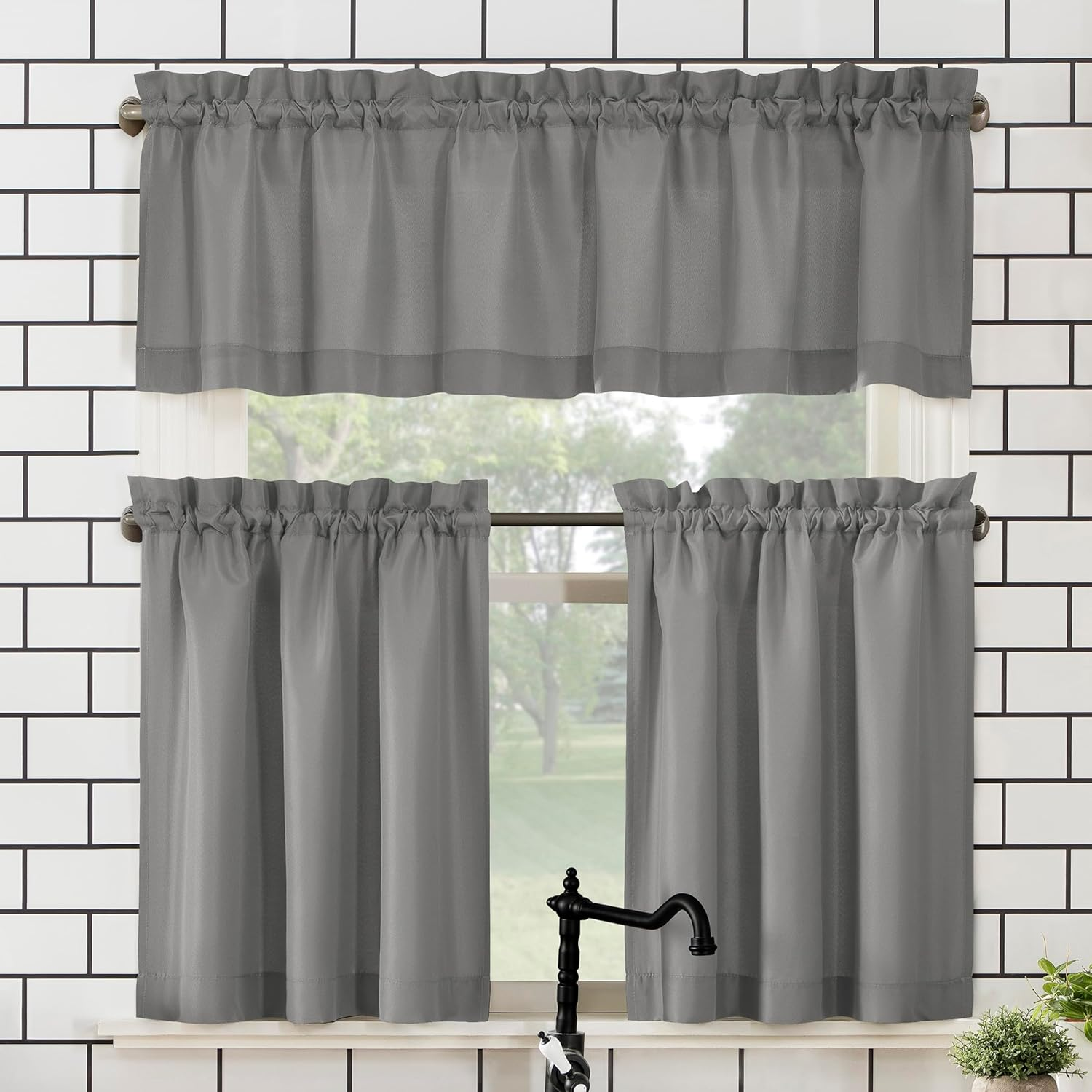 No. 918 Martine Microfiber Semi-Sheer Rod Pocket Kitchen Curtain Valance and Tiers Set, 54" X 45", Red