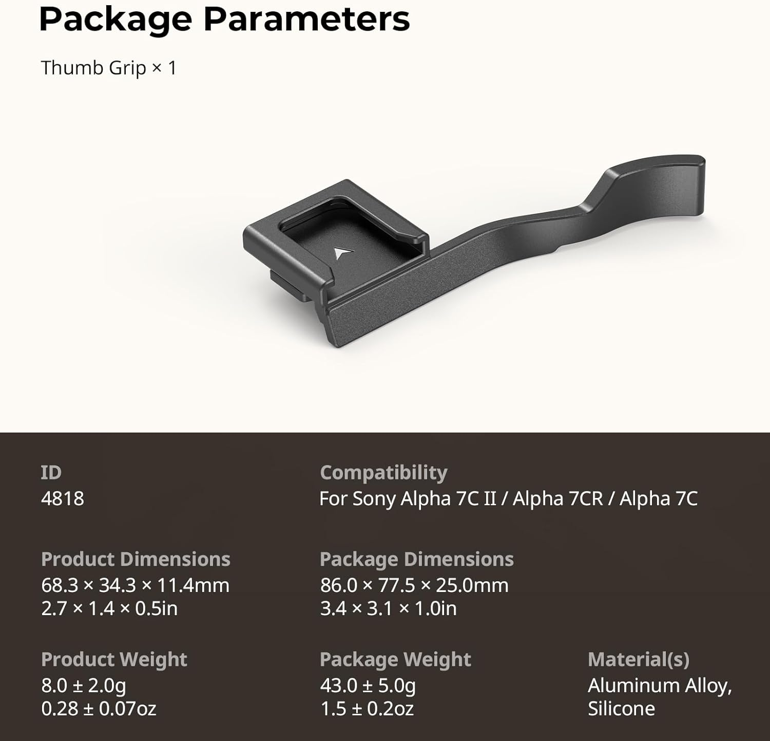 Smallrig Thumb Grip for Sony Alpha 7C Ii/Alpha 7CR / Alpha 7C, Ergonomic Design, Built-In Cold Shoe, for Light, Microphone, Weight Only 8G (Black) - 4820