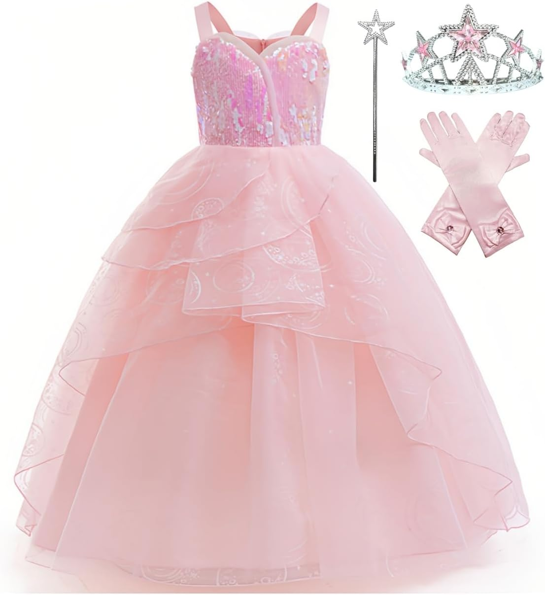 Xefenki Glinda Costume Dress for Girls Good Witch Halloween Cosplay Outfits with Crown Magic Wand and Gloves image number 4