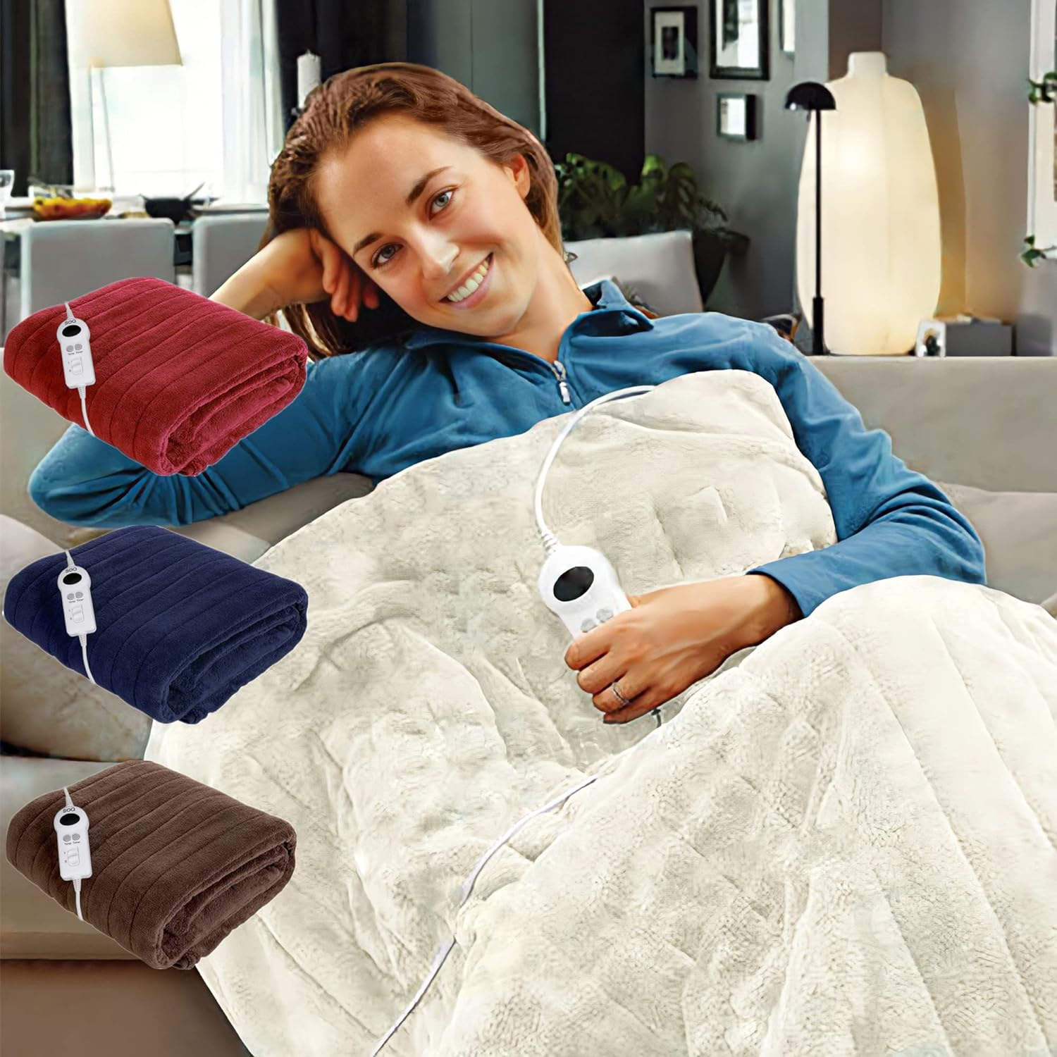 SOQ Electric Heated Throw Rug Snuggle Blanket 9 Smart Heat Settings Timer Control Washable Fleece Winter Snuggle Blanket T,160 X130Cm (Navy Blue)