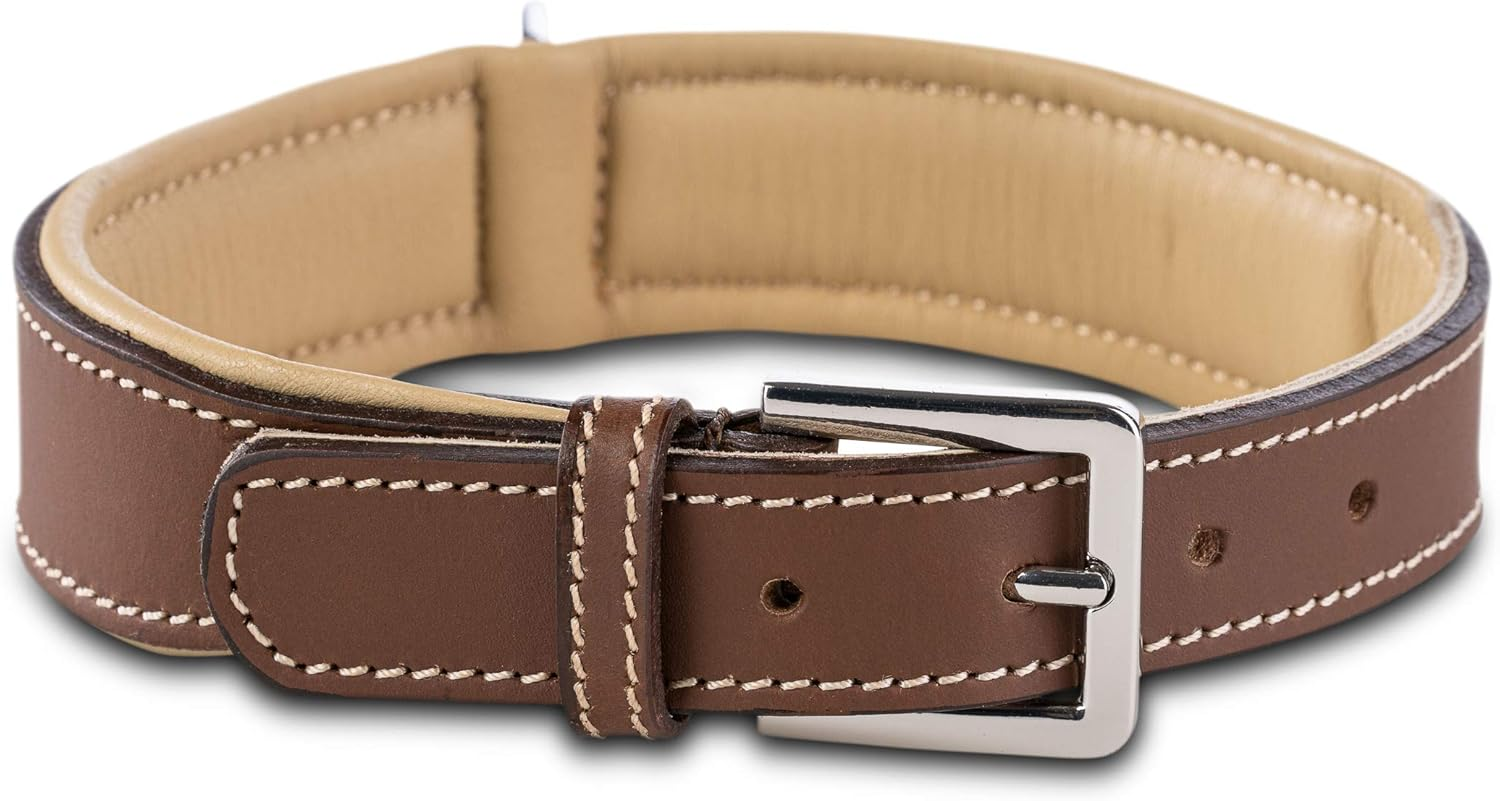 Jack & Russell Amy Premium Dog Collar - Genuine Leather Collar with Original J&R Stamp, Robust and Elegant (S, Brown/Beige)