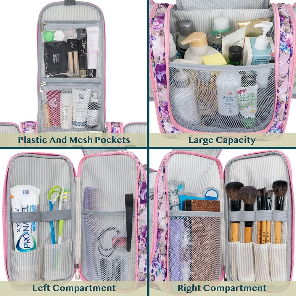 PAVILIA Extra Large Toiletry Bag Travel Bag for Women Men, Hanging Cosmetic Organizer, Water Resistant Makeup Bag for Accessories Toiletries, Travel Essentials Kit (Floral Pink)