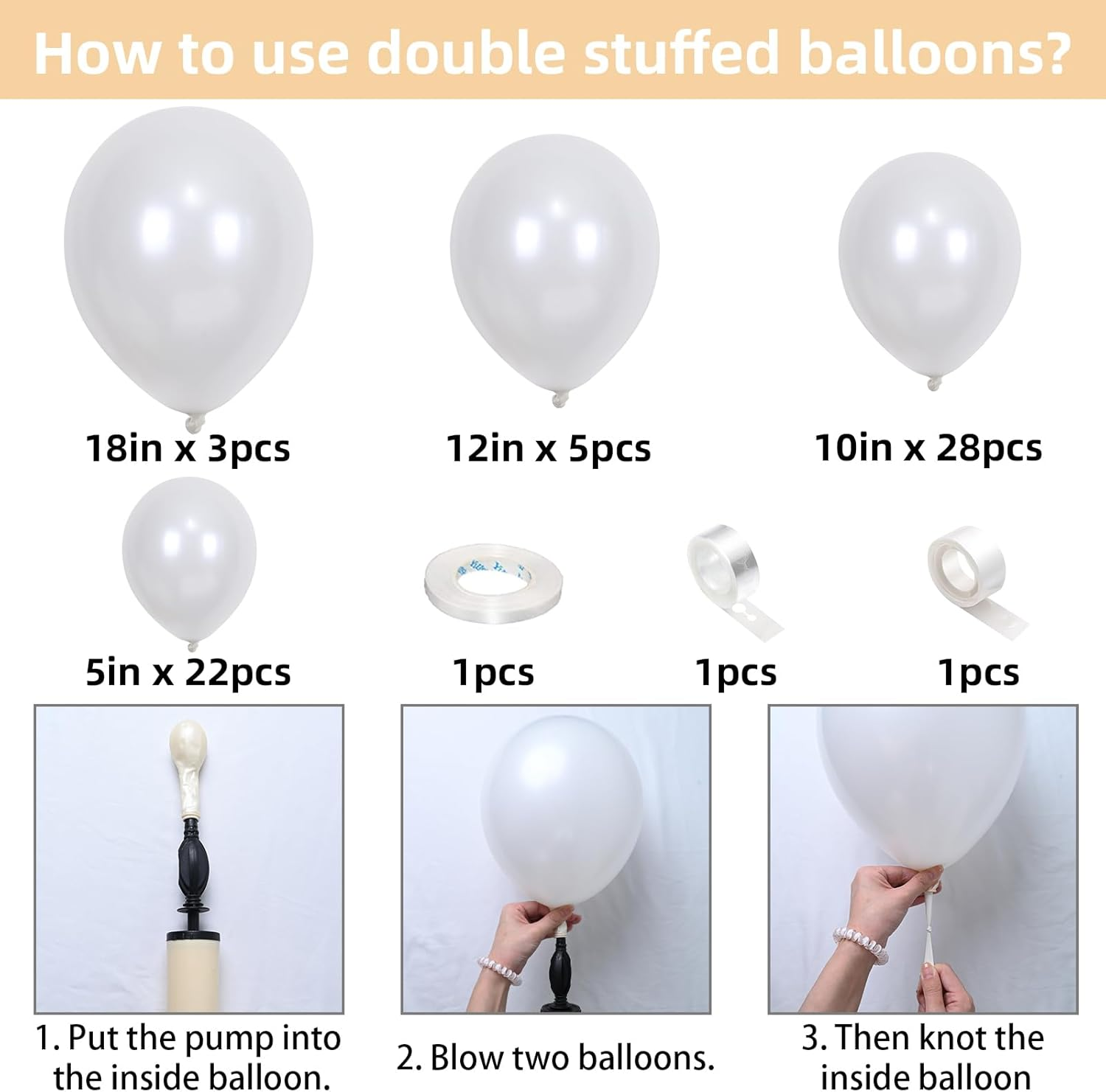 Pearl White Balloons Arch Double-Stuffed White Balloons Garland Ivory Balloon Different Sizes 18/12/10/5Inch 61Pcs Cream Beige Latex Balloons for Wedding Bridal Birthday Anniversary Decorations image number 3