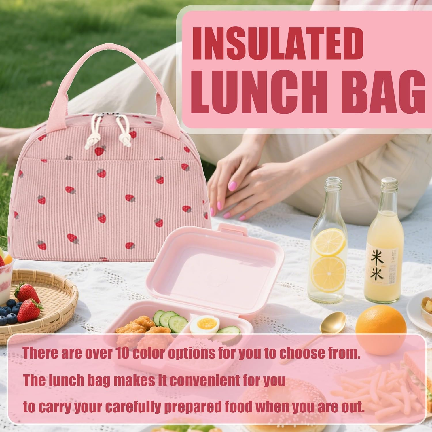 Insulated Lunch Bag for Kids - Adults, Reusable Corduroy Lunch Box Tote Bags, Leakproof Cooler Bag for Work Office Picnic School Travel BBQ image number 6