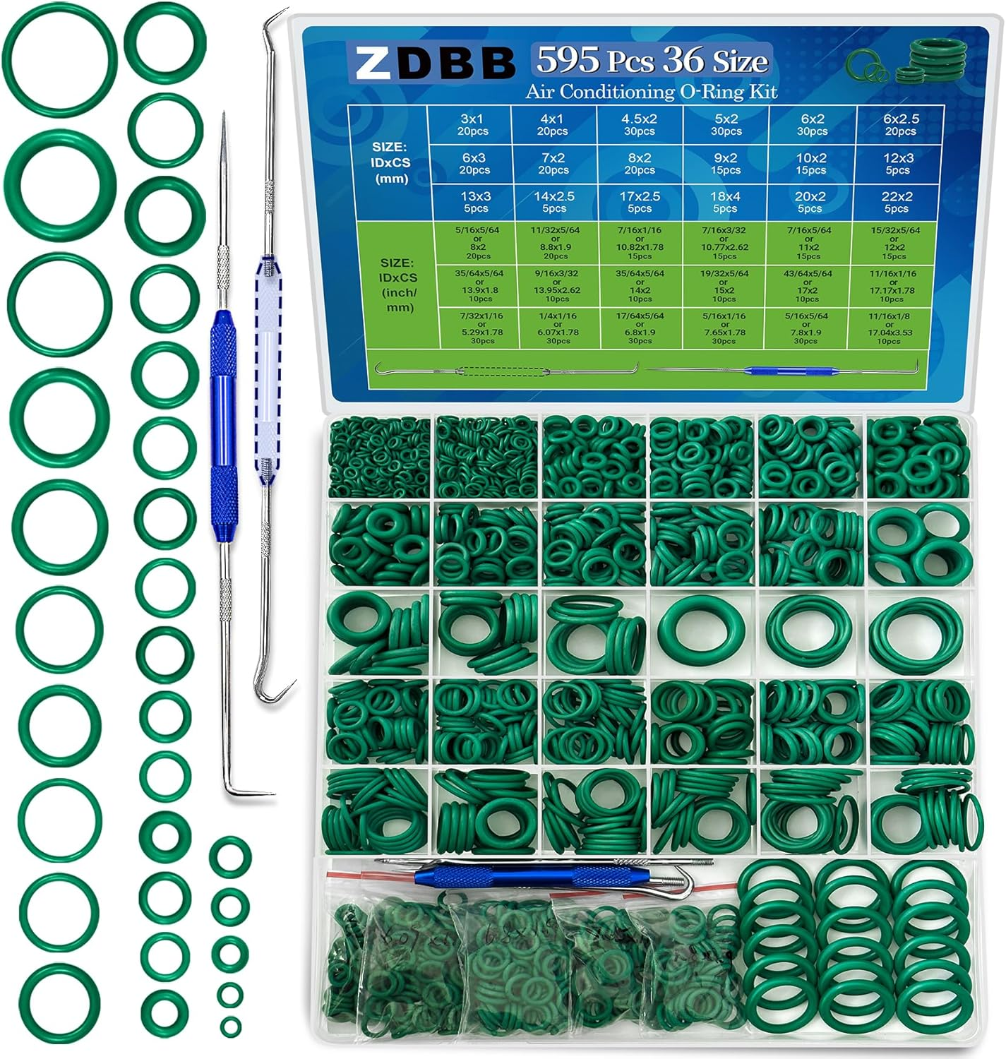 595 Pcs Automotive AC O Rings Kit, SAE and Metric Air Conditioning Orings Assortment Set for Car A/C Compressor and Professional Plumbing Faucet Seal Repair with 4 Pick & Hook (Green) image number 6