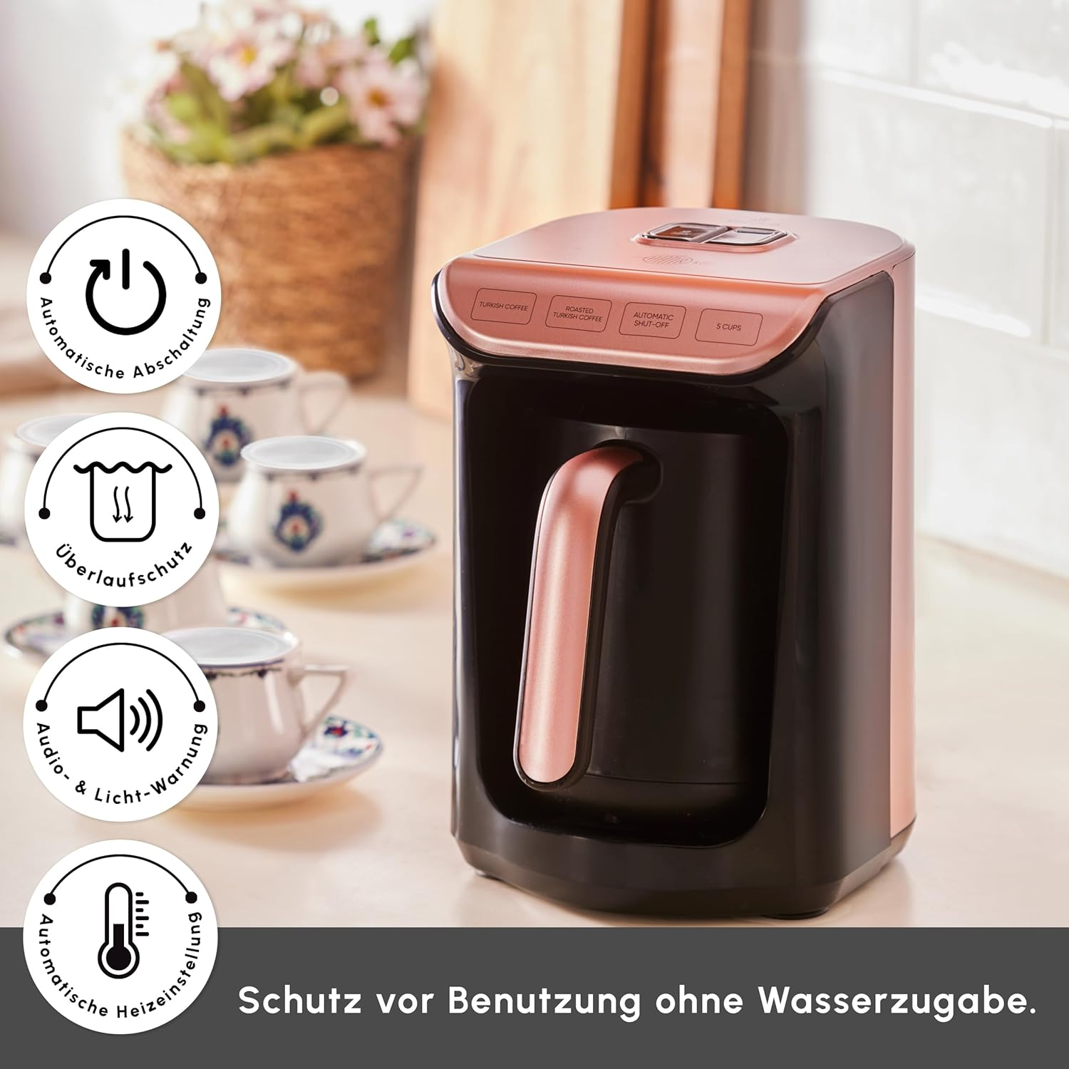 KARACA Hatır Koz Milky Turkish Coffee Machine 300Ml, 5 Cups Turkish Coffee Maker, Automatic Shut-Off & Temperature Control, Turkish Coffee Machine 535W, Rose Gold