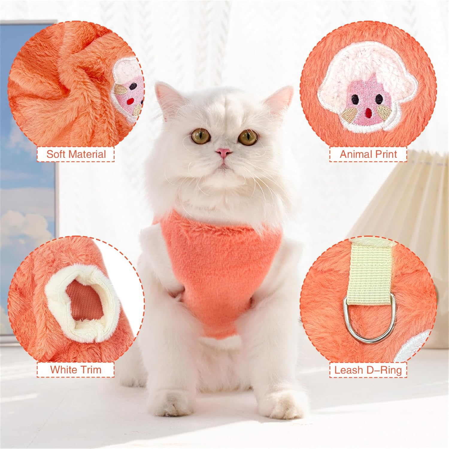 Yaopelkyy2Pcs Cat Winter Clothes with Leash D-Ring Small Medium Dog Fleece Outfit Animal Print Pet Pullover Apparel (Orange-Pink, M)