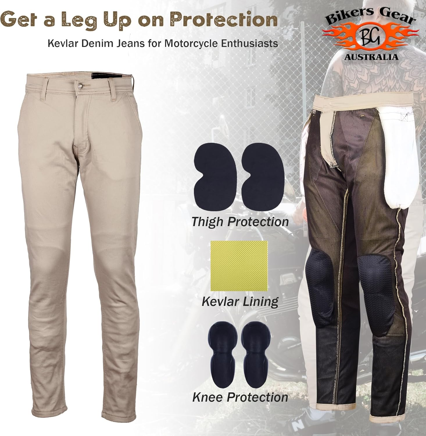 Bikers Gear Australia Kevlar Lined Modern Style Chino Motorcycle Jeans with CE Protection image number 3