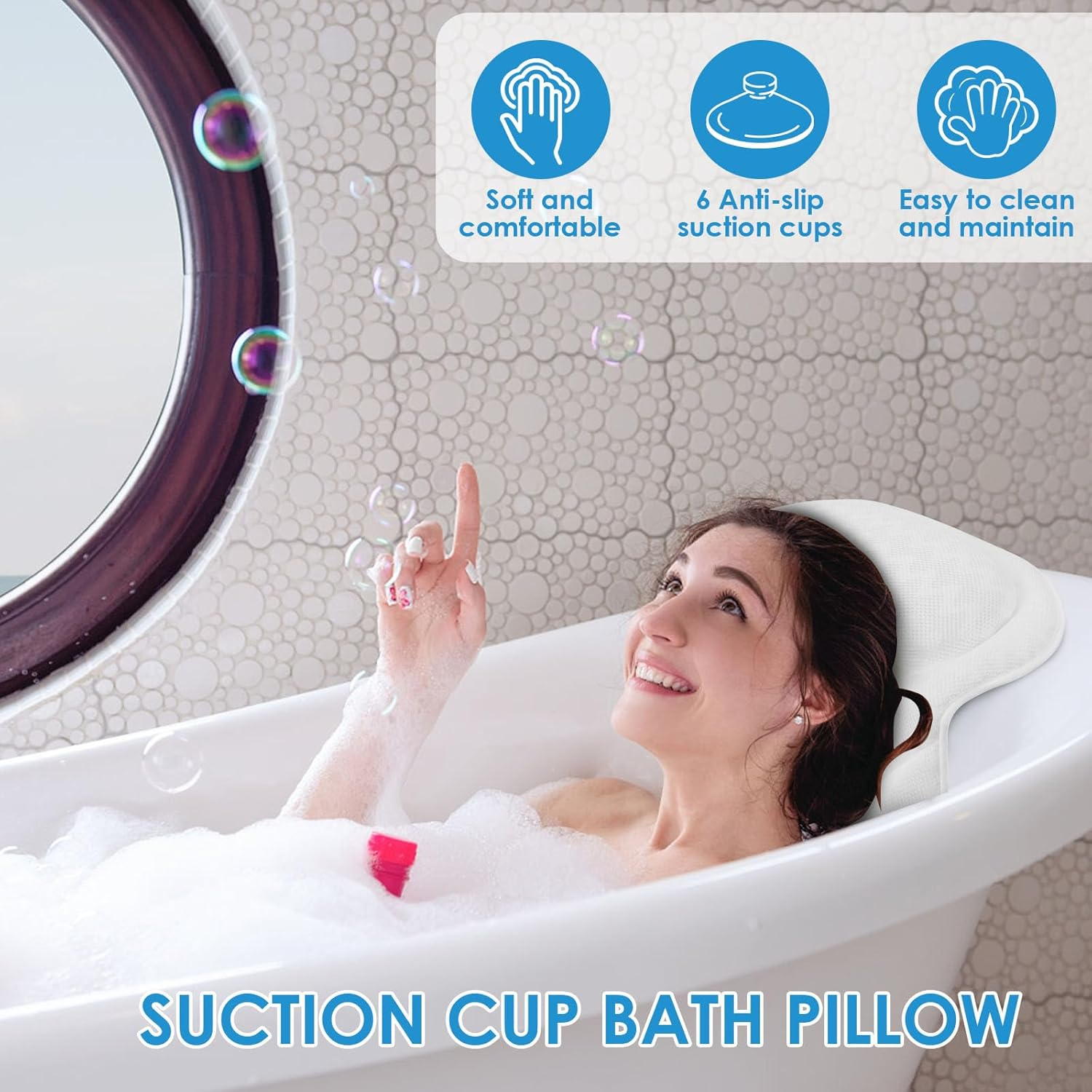 Thick Padded Bathtub Pillow, Ergonomic Machine Washable Bath Neck Back Support, with anti Slip Suction Cup, Helps Support Head, Back, Shoulder and Neck, Fits All Bathtub, Hot Tub, Spa (Wave Pattern) image number 3