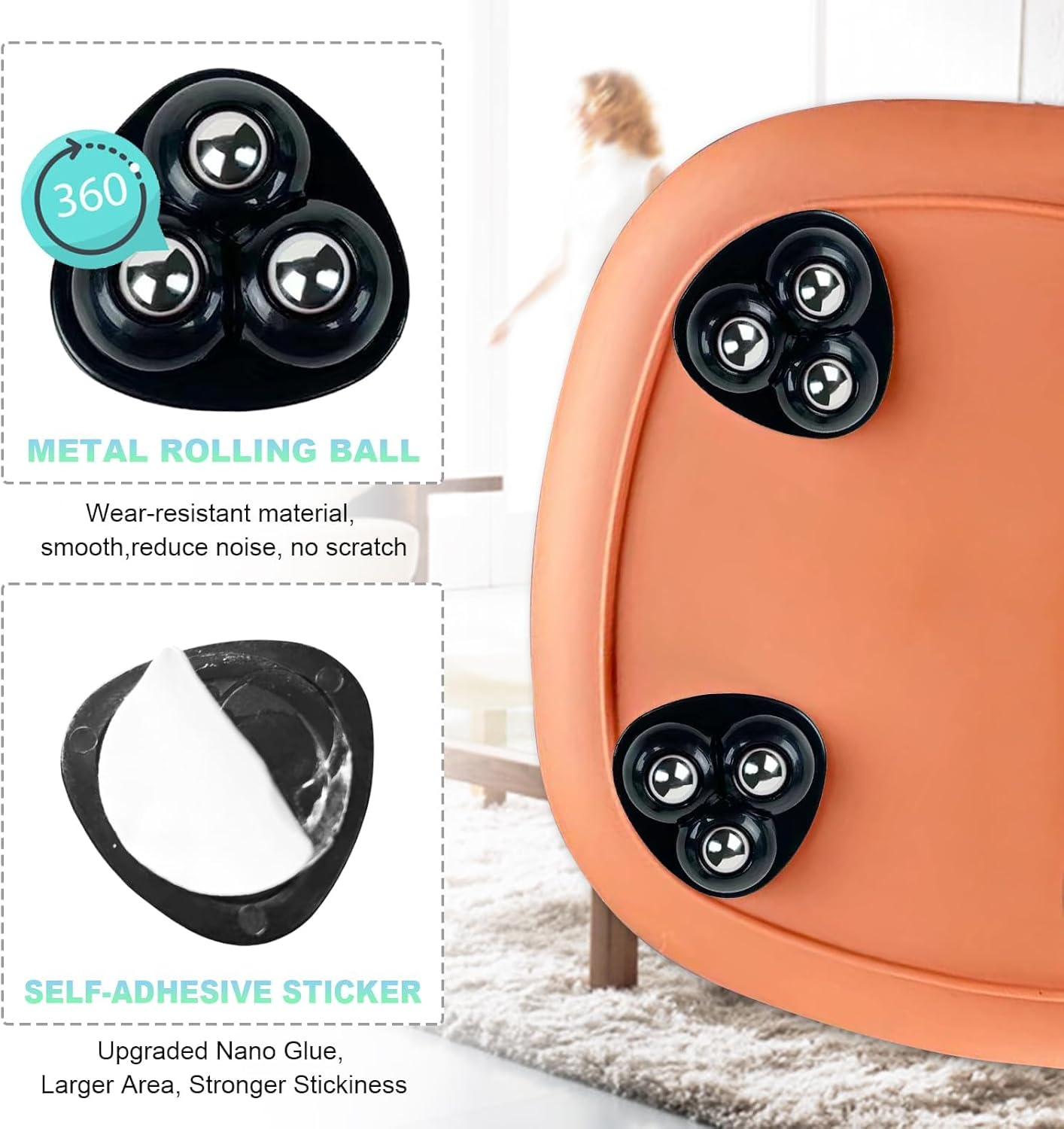 Furniture Sliders with Adhesive Rollers, 20 Piece Set, for Appliances and Countertop, Coffee Slider Set (20, Triangular-Black) image number 4