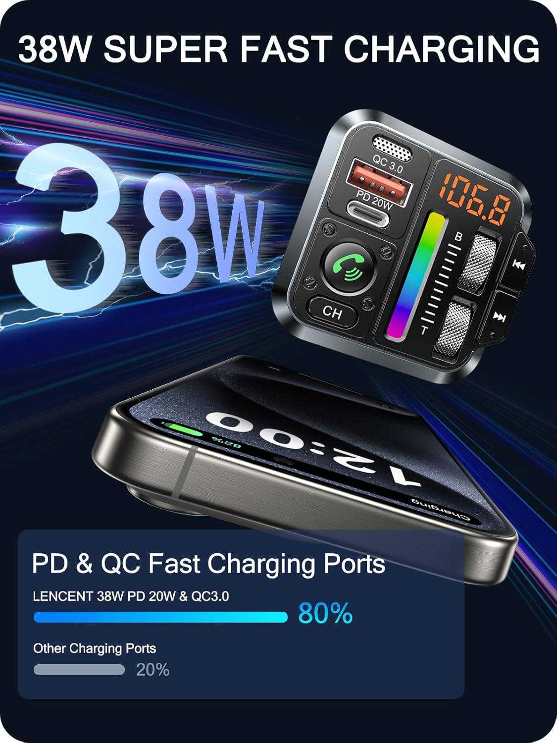 LENCENT Bluetooth 5.3 Car FM Transmitter, Adjustable Treble & Bass Sound Music Player Receiver, Wireless Radio Adapter with PD 20W & QC 3.0 Fast Charger, Hands-Free Calling, Siri Assistant image number 6