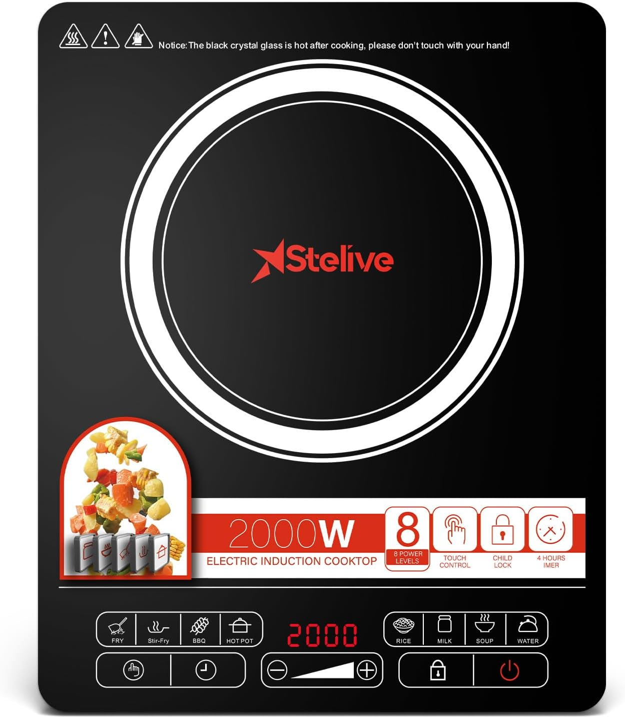 Stelive 2000W Electric Induction Cooktop Portable Kitchen Cooker 8 Power Levels Electric Burner Induction Cooker with Sensor Touch for Home, Camping Compatible for Most Cookwares (Black) image number 2