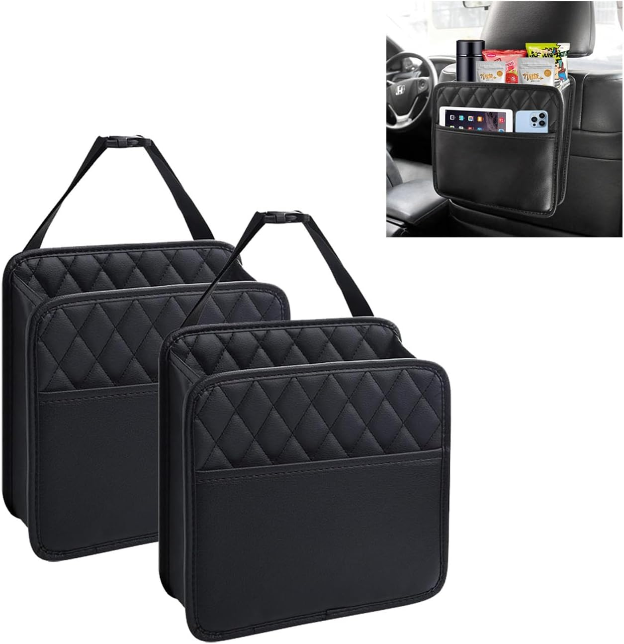2 Pack Backseat Car Organiser, Car Net Pocket Handbag Holder Bag, Multi Pocket All Purpose Holder for Ipad, Cooler Bottles, Toys, Books, Tissues, Etc. image number 1