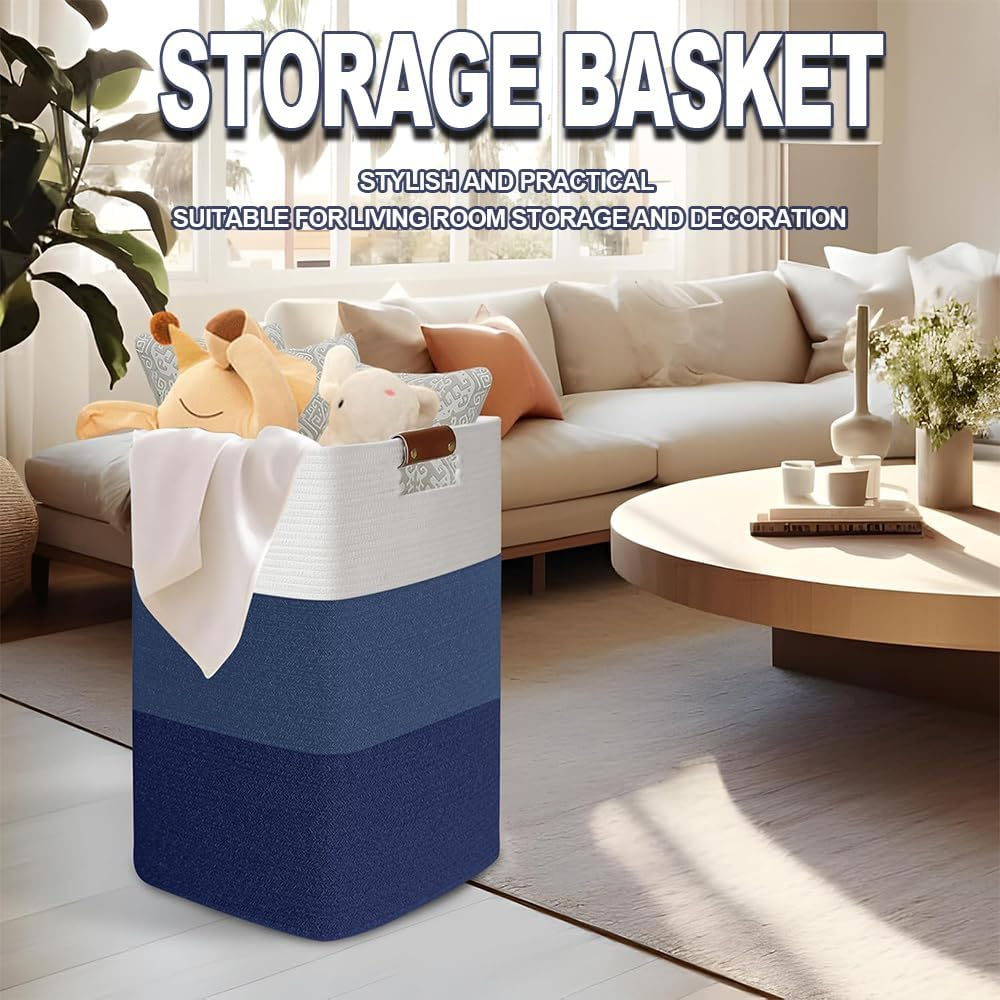 Laundry Basket, Large Laundry Basket, Decorative Cotton Rope Woven Basket, Cotton Woven Storage Basket with Leather Handles for Living Room, Bedroom, Blankets, Clothes (White Blue) image number 5