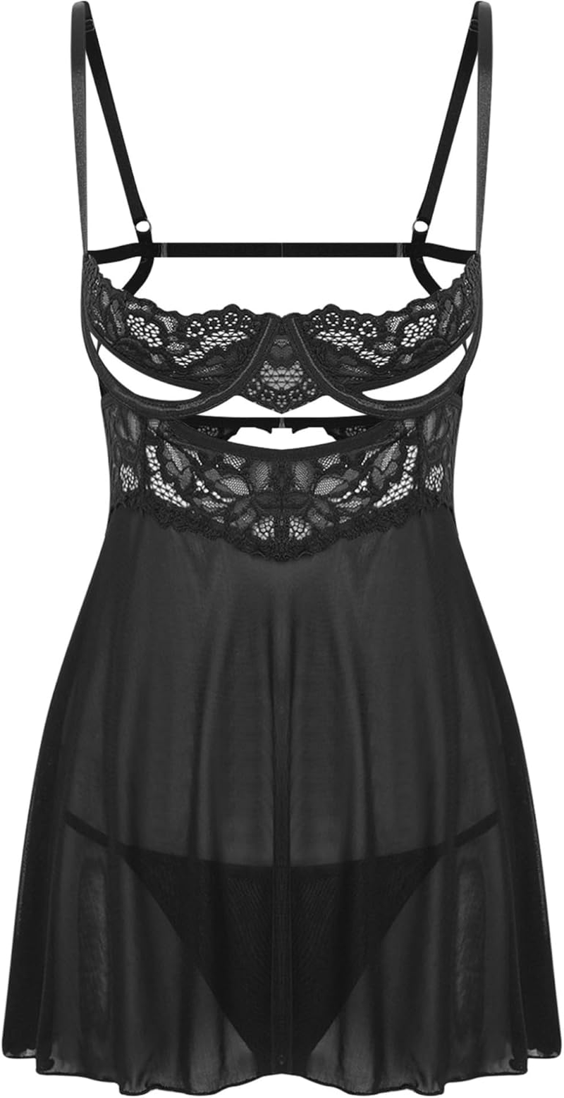 Yeahdor Womens Sexy Lingerie Chemise Boudoir Outfits See through Sleepshirts Mesh Sheer Nightshirts