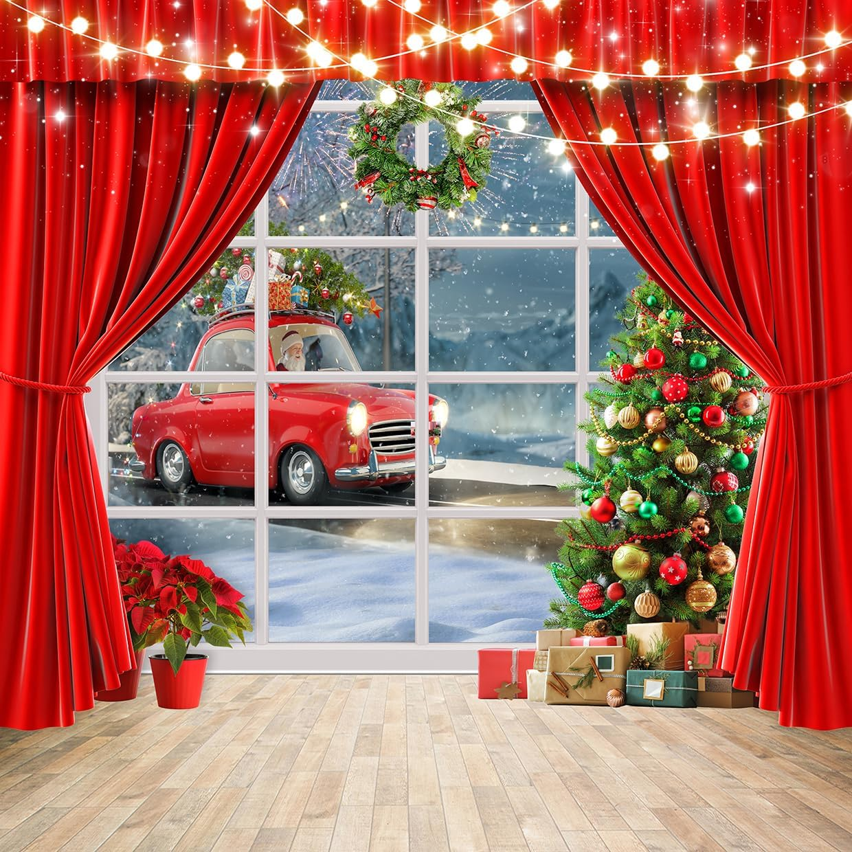 LYCGS 10X10Ft Christmas Backdrop Christmas Window Backdrop Christmas Tree Red Curtain Car Christmas Photo Background Christmas Backdrops for Photography X-168 image number 3