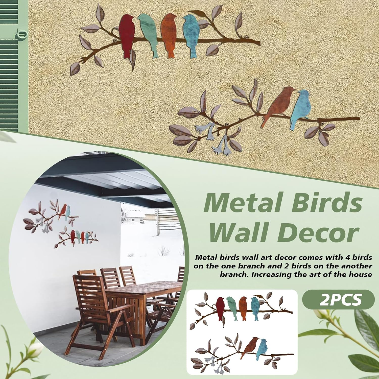 2 Pcs Metal Birds Hanging Bird Picture Wall Decor, Vivid Birds on Branch Art, Metal Silhouette Sculpture, Colorful Leaves Rustic Decor, for Balcony Garden, Indoor & Outdoor (Black) - Black image number 2