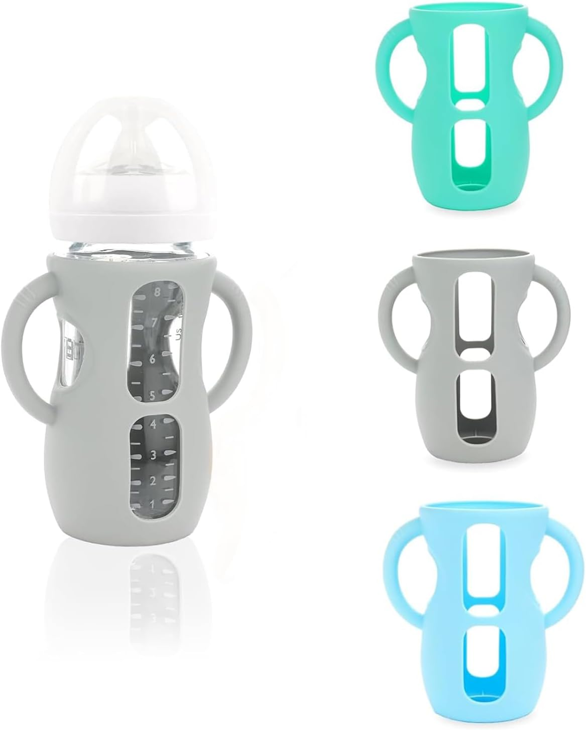 3-Pack Avent Glass Bottle Silicone Sleeve with Handles, Bpa-Free Drop-Resistant Baby Bottle Sleeves, Compatible with Philips Avent Natural Glass Baby Bottles (Bright Blue+Grey+Blue, 240Ml) image number 6