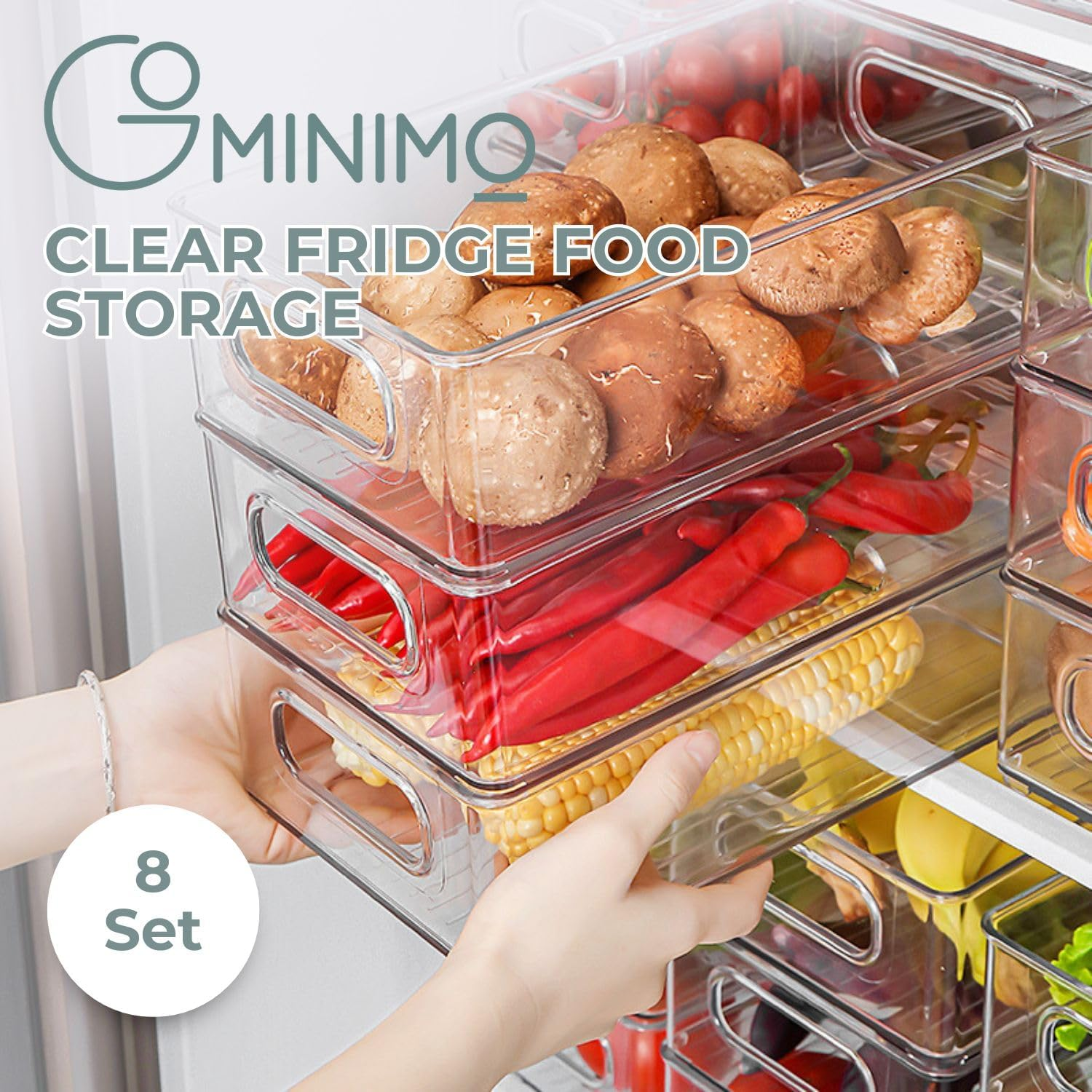 Gominimo Set of 8 Clear Fridge Food Storage Containers, Effortless Pull-Out Design, Secure Stacking, Versatile Placement, Transparent Design image number 4