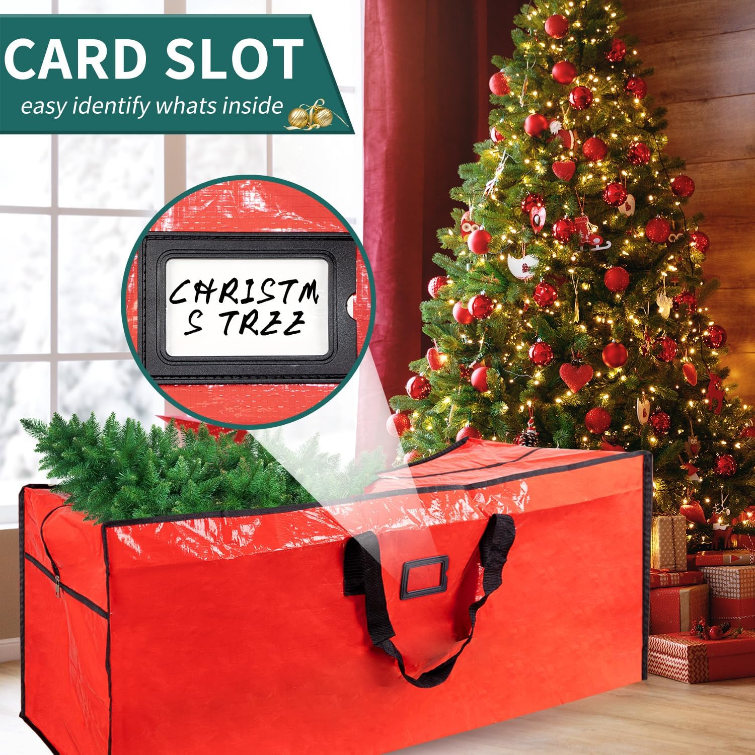 Christmas Tree Storage Bag, Heavy Duty 9 Ft Artificial Xmas Holiday Tree Storage Zippered Bag with Carry Handles, Durable Waterproof Material, Protect against Dust, Insects & Moisture (Red) image number 4