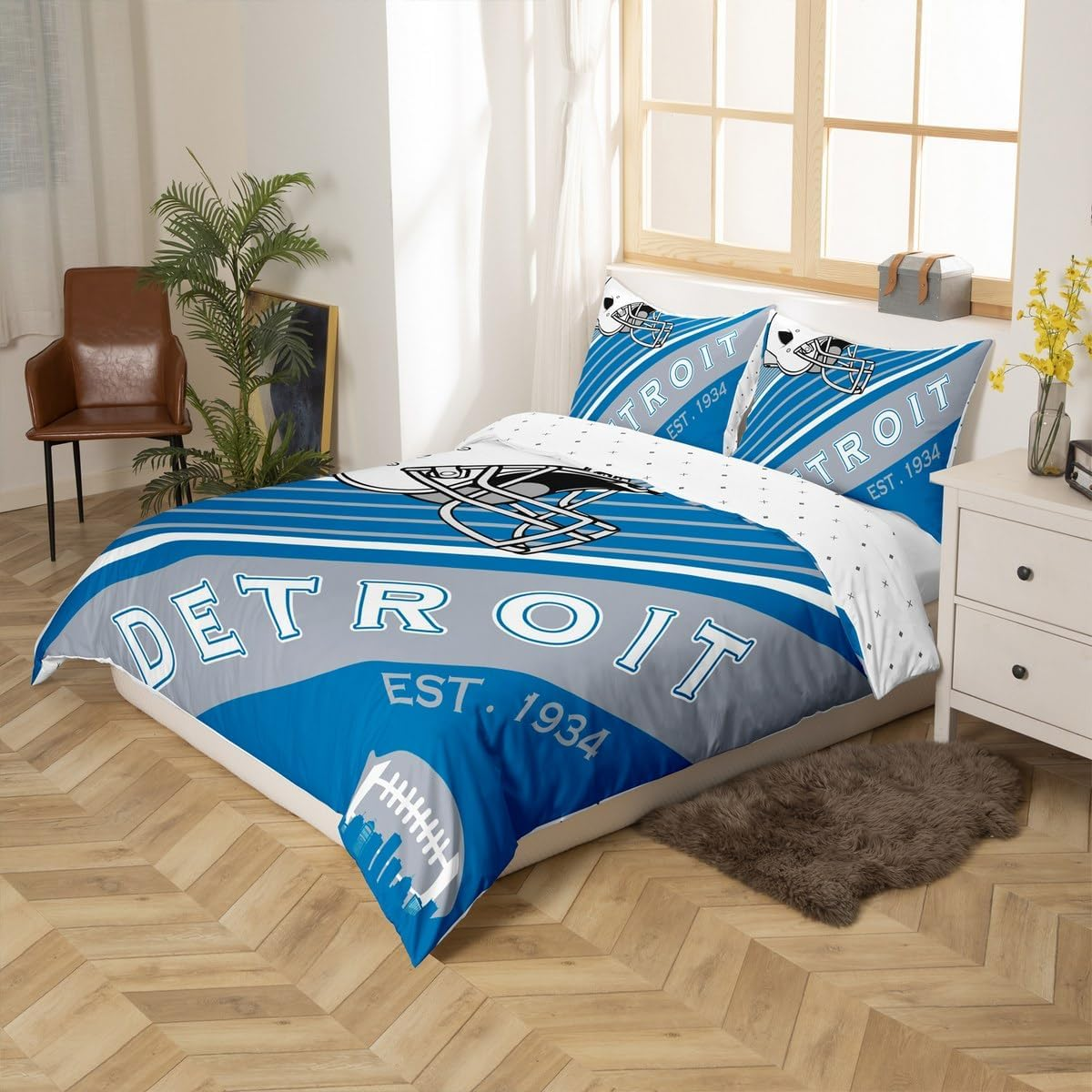 Erosebridal Sports Football Duvet Cover White and Sky Blue Rugby Helmet Bedding Set Twin, American Football City Themed Comforter Cover Retro 3D Ball Game Quilt Cover with 1 Pillowcase(Detroit) image number 6