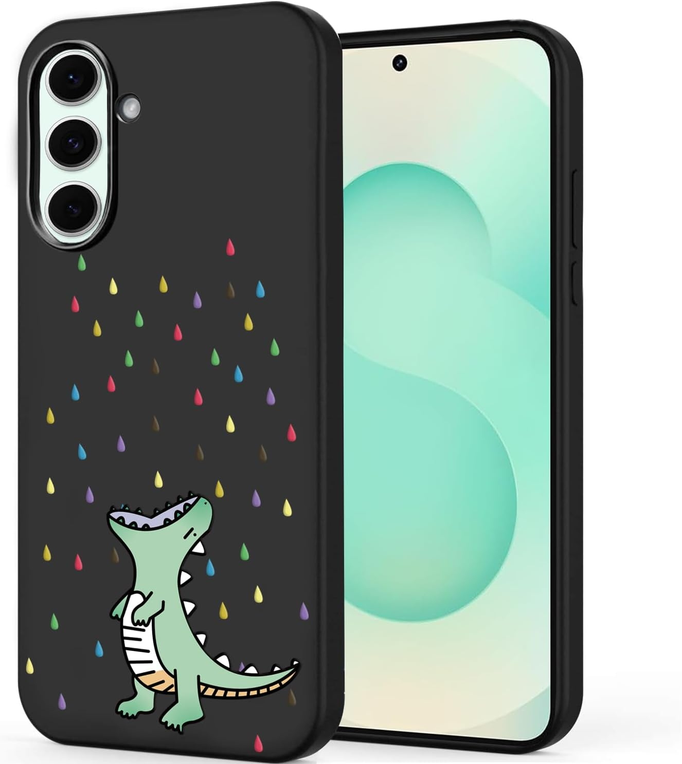 Unov Case Compatible with Galaxy S25 Case with Design Soft TPU Shock Absorption Slim Embossed Pattern Black Protective Back Cover(Rainbow Dinosaur) image number 6