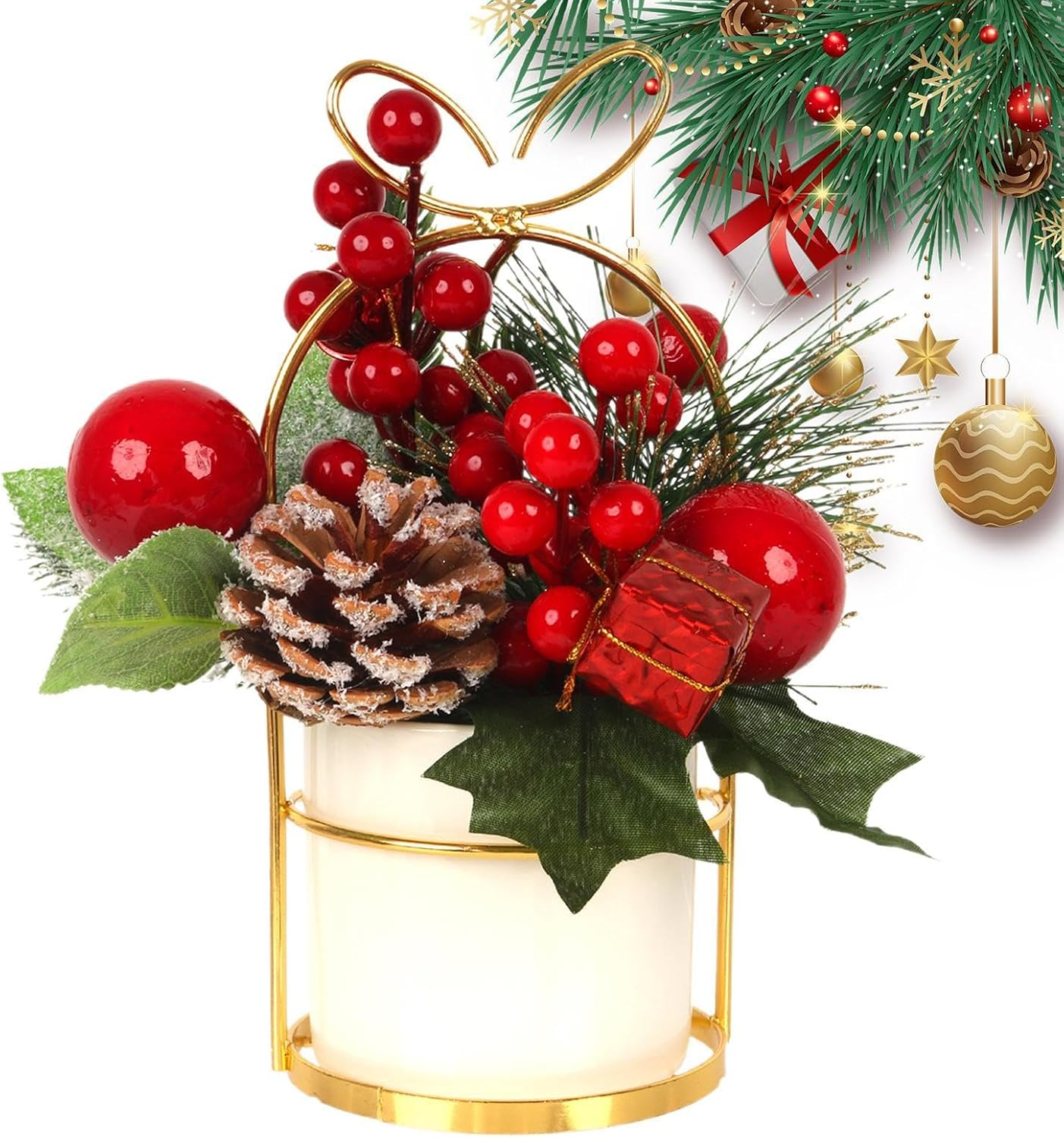 Christmas Pine Cone Potted Decoration,Christmas Arrangements Decor - Artificial Desk Stand Decor, Christmas Plants Centerpieces with Pine Cones and Berries for Tables, Home image number 6