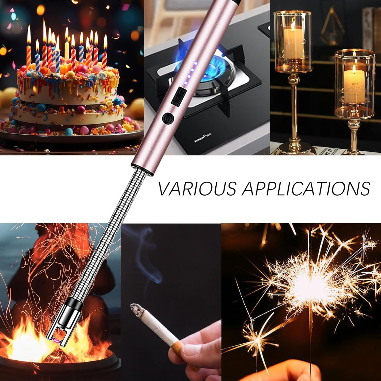 Electric Candle Lighter: USB Rechargeable Windproof Flameless with 360&deg; Flexible Neck & LED Power Display Long Lighter for Women Men as Birthday Gifts, Rose Gold - Rose Gold image number 5