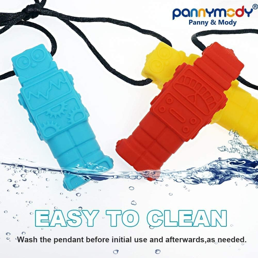 Sensory Chew Necklace for Boys and Girls(3 Pack), BPA Free Silicone Chewable Robot Pendant Necklaces for Kids with Autism ADHD - Oral Motor Chewing Toys - Blue, Red, Yellow image number 5