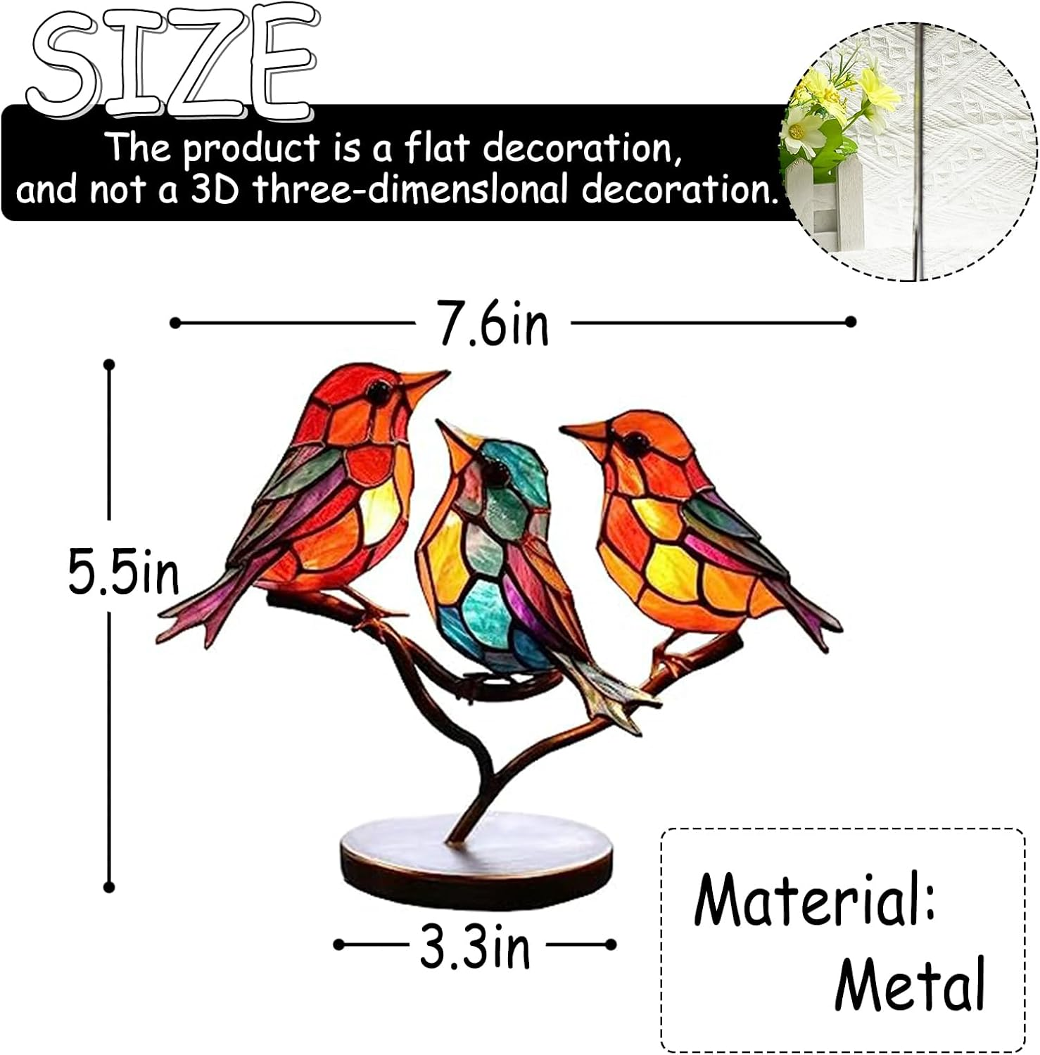 VNRGG Stained Birds on Branch, Desktop Ornaments Double,Sided Metal Flatness Table Art, Home Room Decoration,Suitable for Office Wine Cooler Decor.(3 Birds on a Branch) image number 3