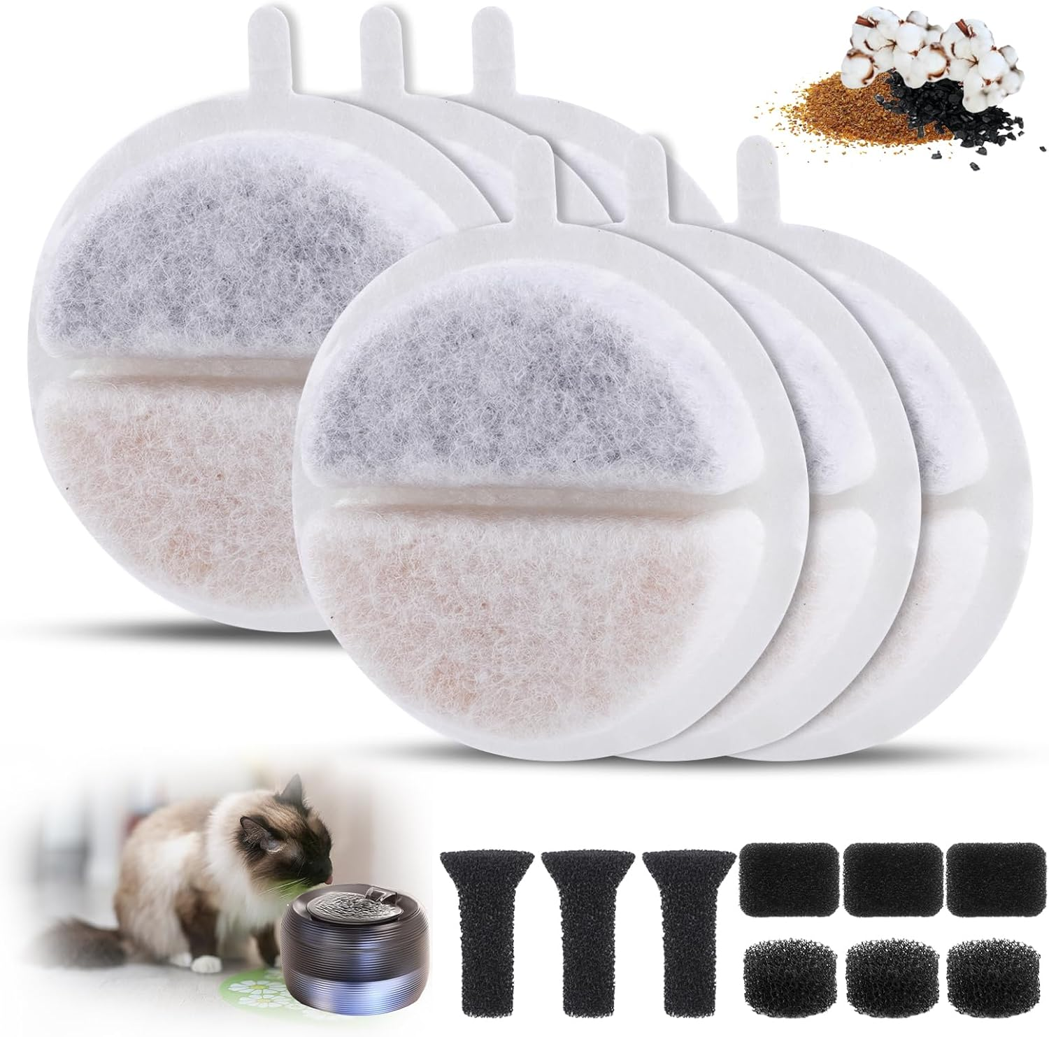 6 + 9 Pieces Cat Fountain Filter, Drinking Fountain Cat Replacement Filter, Filter Cat Fountain for 84 FL 2.5 L Drinking Fountain for Cats and Dogs Cat Fountain, with Carbon Filter and Foam Filter image number 2