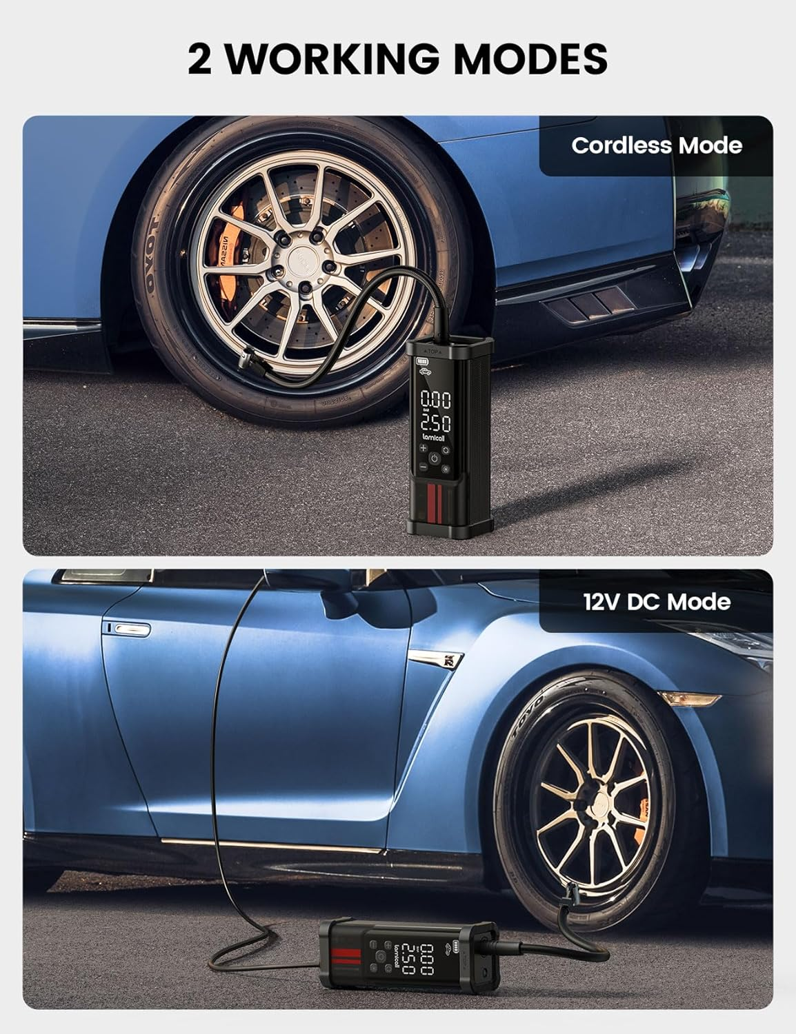 Tire Inflator Portable Air Compressor - Lamicall 150 PSI 5000Mah Cordless Car Air Pump, 1 Min Fast Inflate, Electric Tire Pump with 12V DC, Digital Pressure Gauge, LED Light, for Auto Bike Motorcycle image number 6