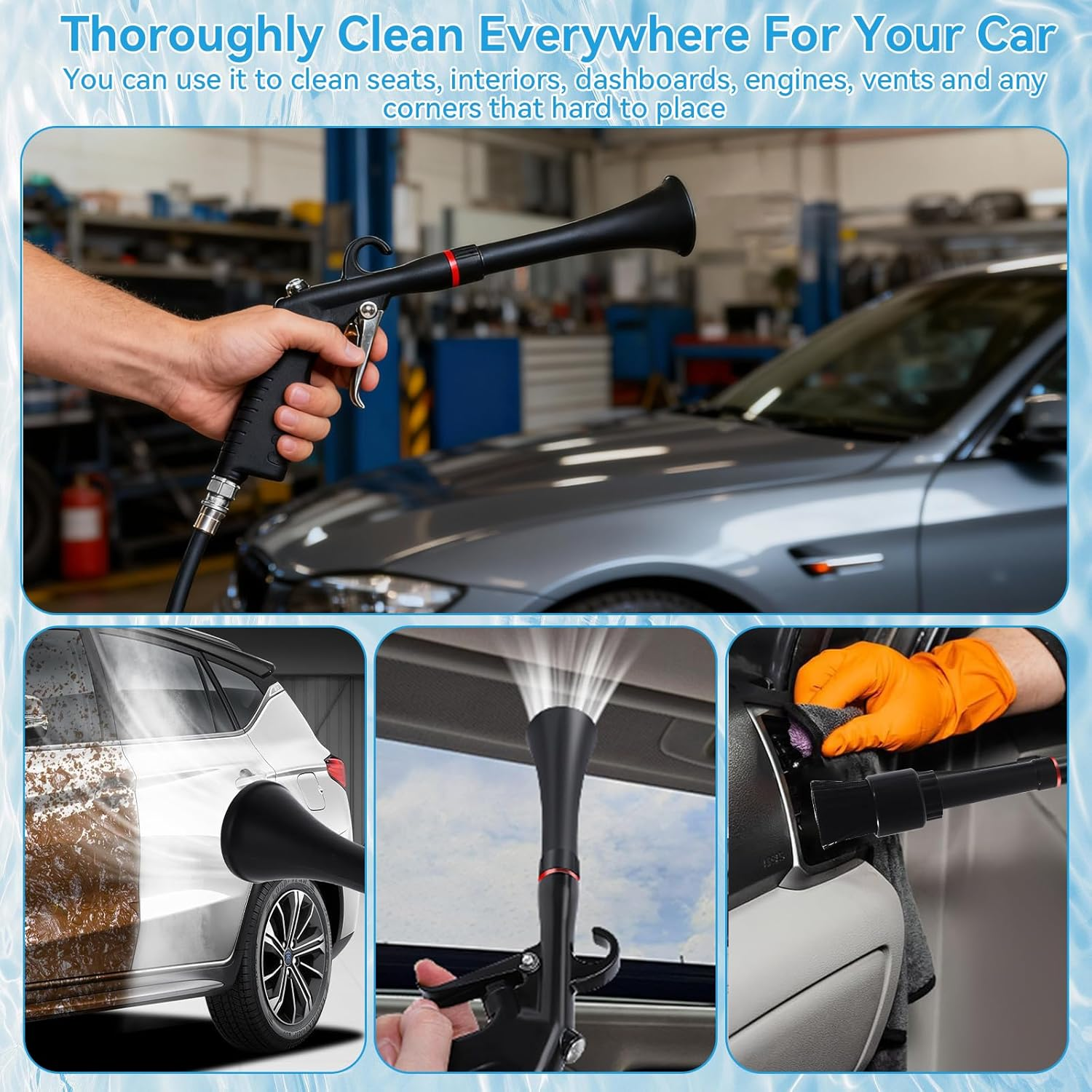 Car Cleaning Tool Set, High Pressure Air Blow Cleaner for Detailing, Multi-Purpose Car Duster Blower Cleaner Kit with Long Nozzle, Quickly Blast Dirt & Dust from Car Interior Cleaning (Black) image number 5