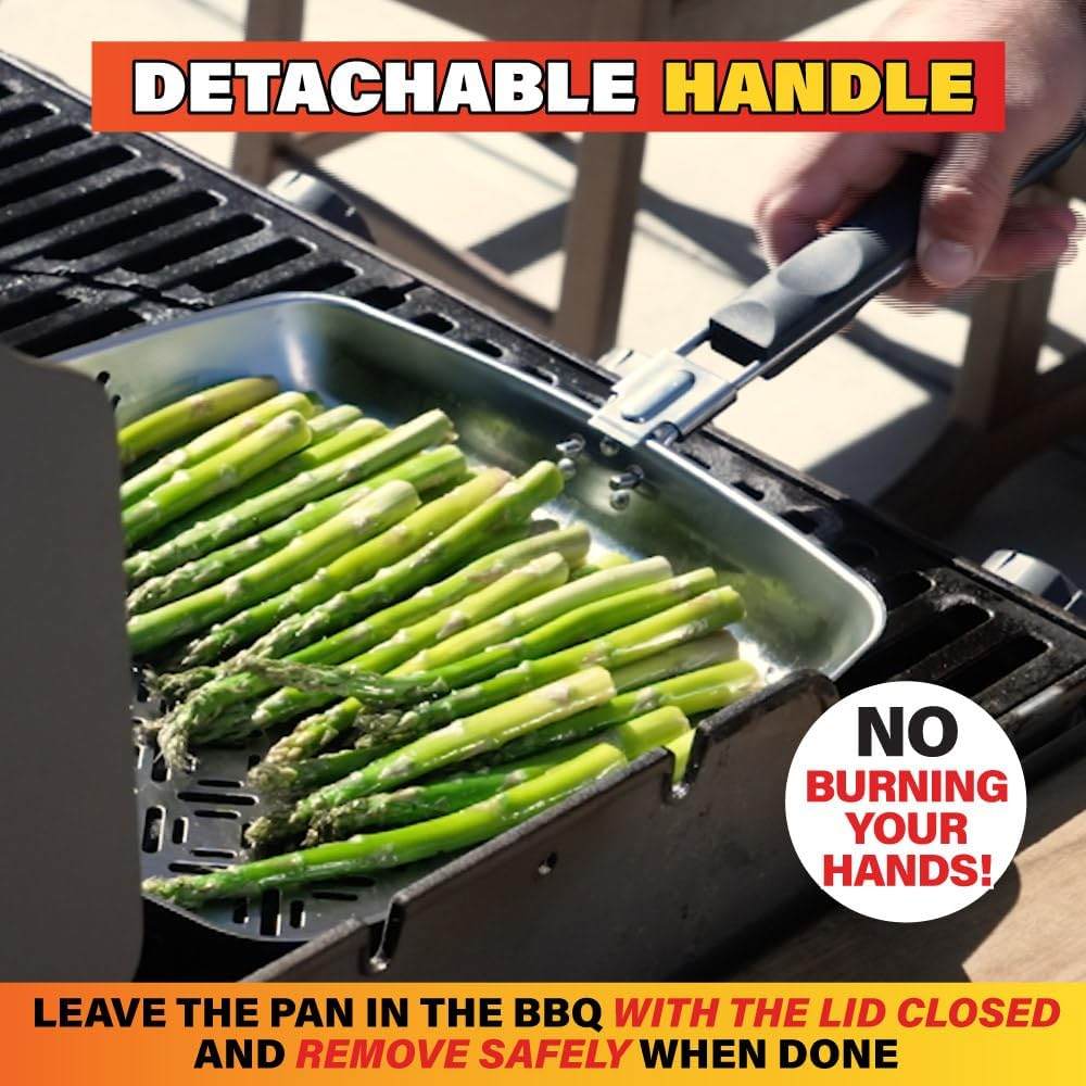 BBQ Grill Pan, Non-Stick, Stainless Steel Pan for Bbqs and Grills, Withstands High Temperatures, Square Design, Detachable Handle, Cooks Evenly image number 6