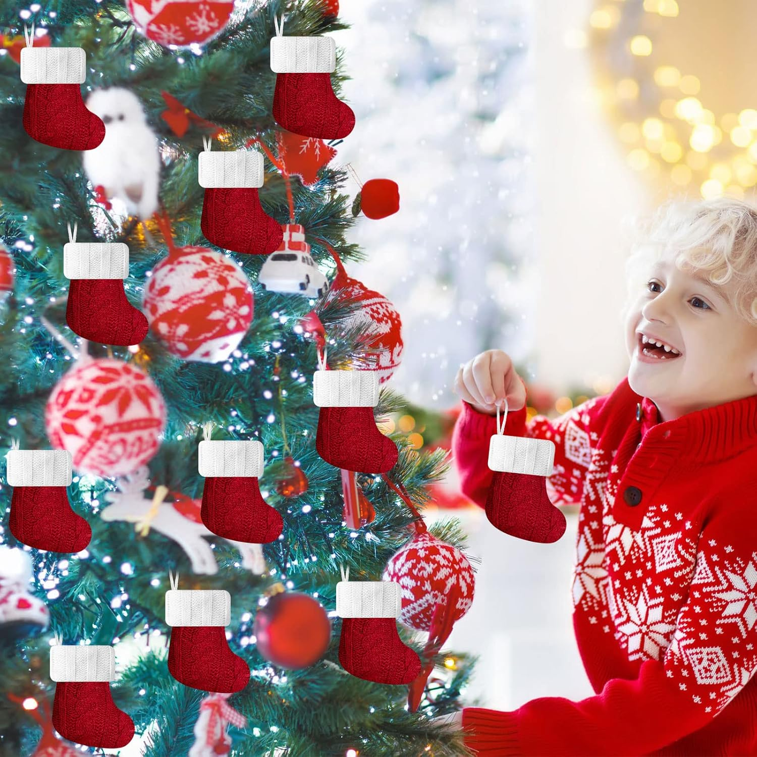 24 Pcs Christmas Mini Stockings Red Cable Xmas Rustic Stocking Mini Stockings Christmas Bulk Little Holiday Hanging Decorations Christmas Tree Ornaments for Fireplace Mantel Tree (Vintage Style) image number 6