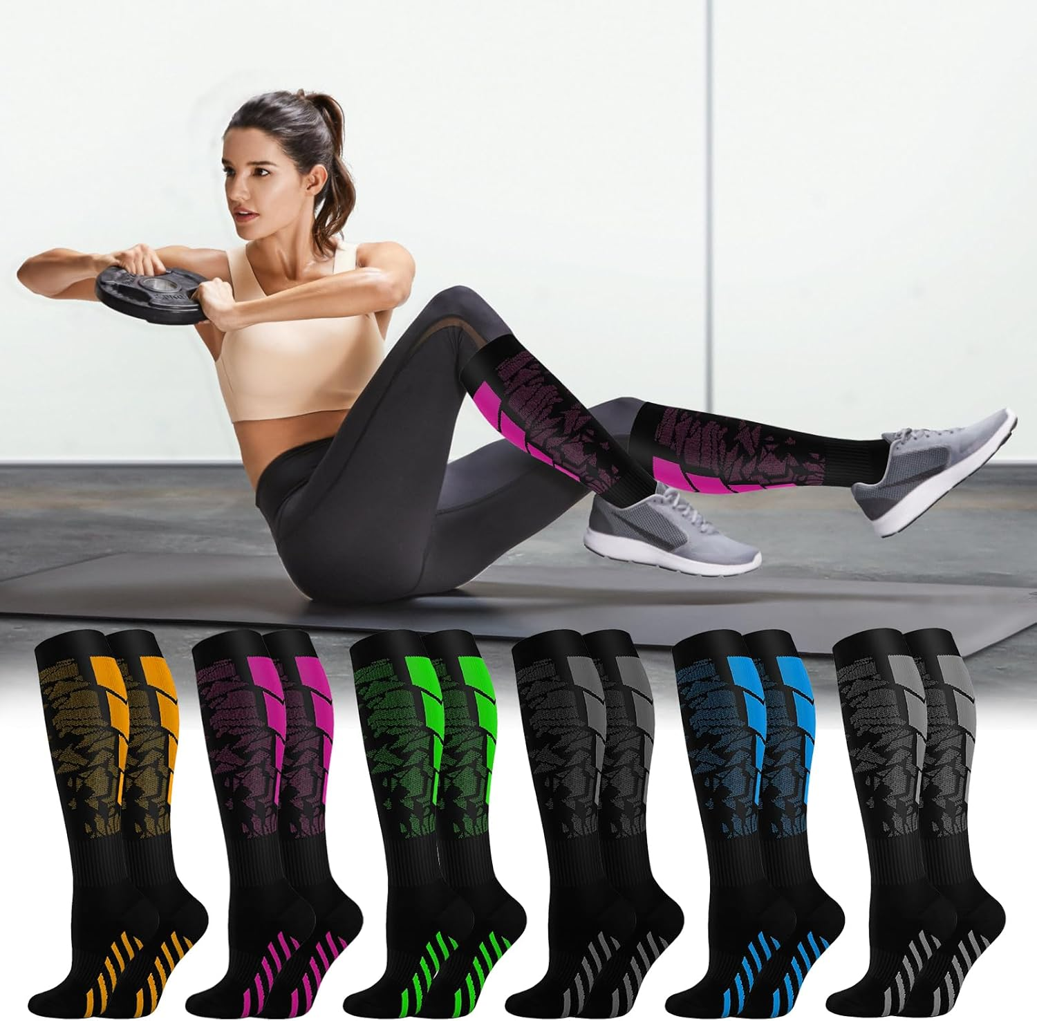 6-Pack Compression Socks for Women & Men,Elastic Support Stockings, Graduatedsupport, Medical Compression Socks, Non-Slip Breathable Flight Socks, Ideal for Running, Sports, Travel image number 5