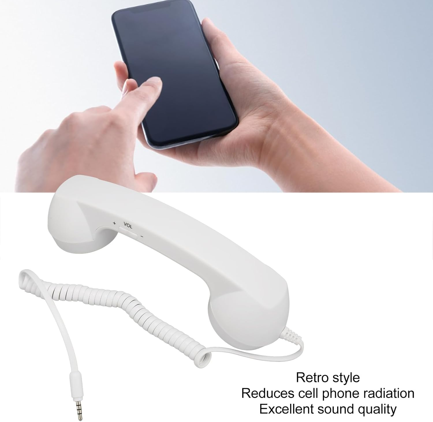 Telephone Handset for Cellphone, Retro 3.5Mm Telephone Handset Radiation Proof Wired Cell Phone Receiver for Smartphone Computer (White)