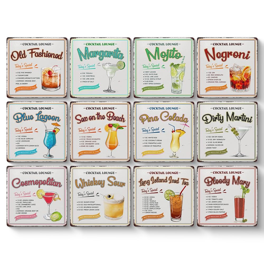 Cocktail Poster Vintage Metal Signs, Blue Lagoon Cocktail Recipes Tin Sign Decoration Bar Accessories Hanging Crafts Home Kitchen Pub Man Cave Wall Art Decor 8X8 Inch - Color060703 image number 2